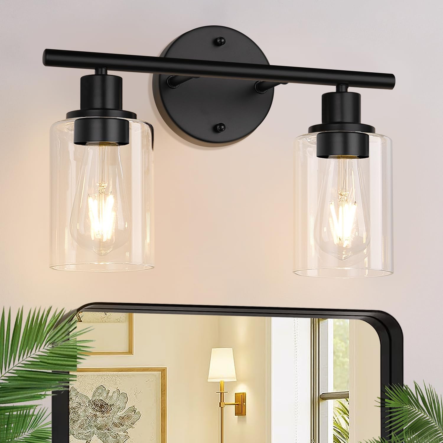 Detalle de Zarbitta LTW077 2-Light Vanity Light, Matte Black with Clear Glass Shades