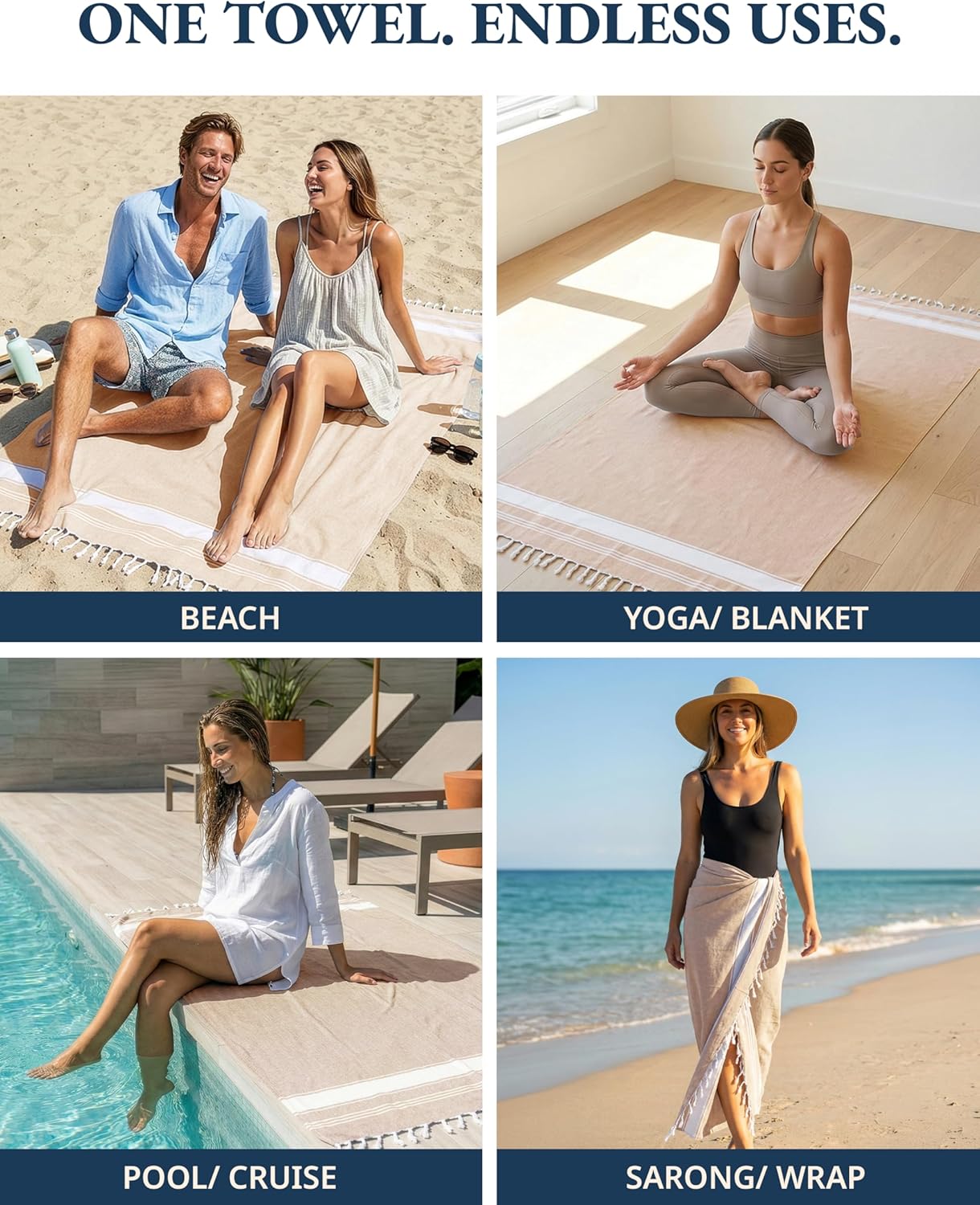Thumbnail 5 de Lane Linen Oversized Beach Towels (2-Pack) Turkish Towels, Quick-Dry Sand-Proof, 39"x71" – Beige