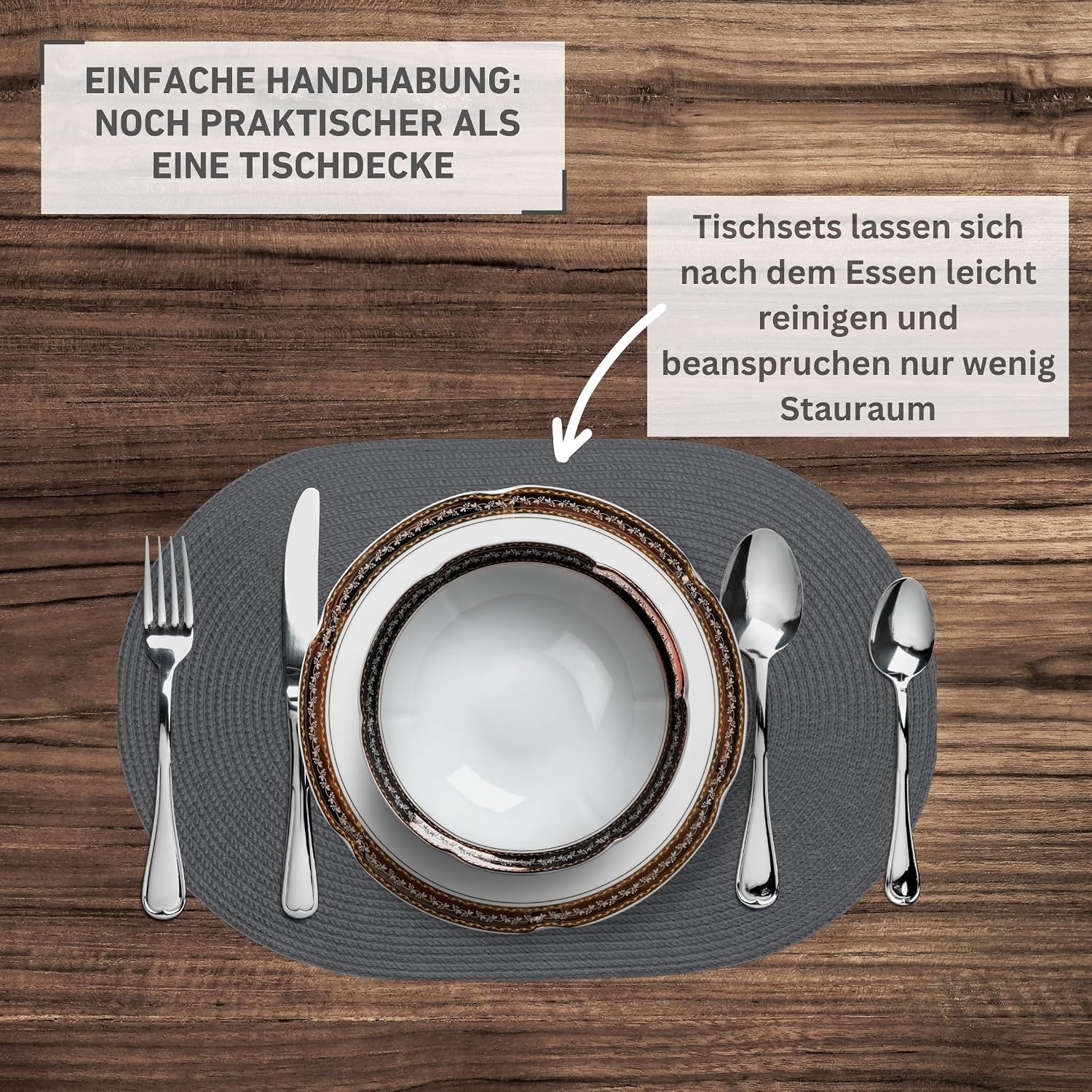 Thumbnail 4 de Venilia Tischset Grau Oval 45 × 30 cm im 4er-Set – gewebt, lebensmittelecht, platzdeckchen