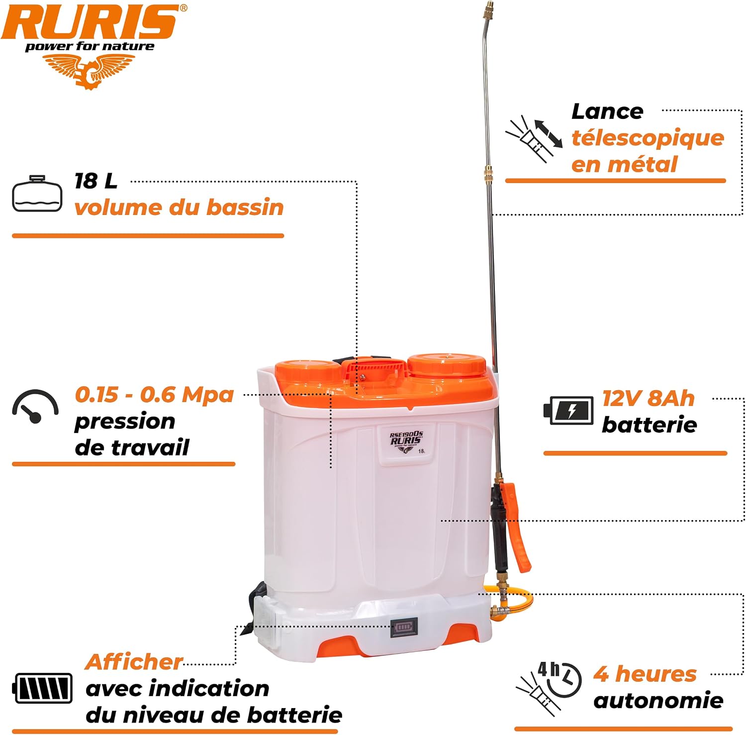 Detalle de RURIS CSR 1900S – opryskiwacz elektryczny 18 l, 12 V 8 Ah, lanca teleskopowa