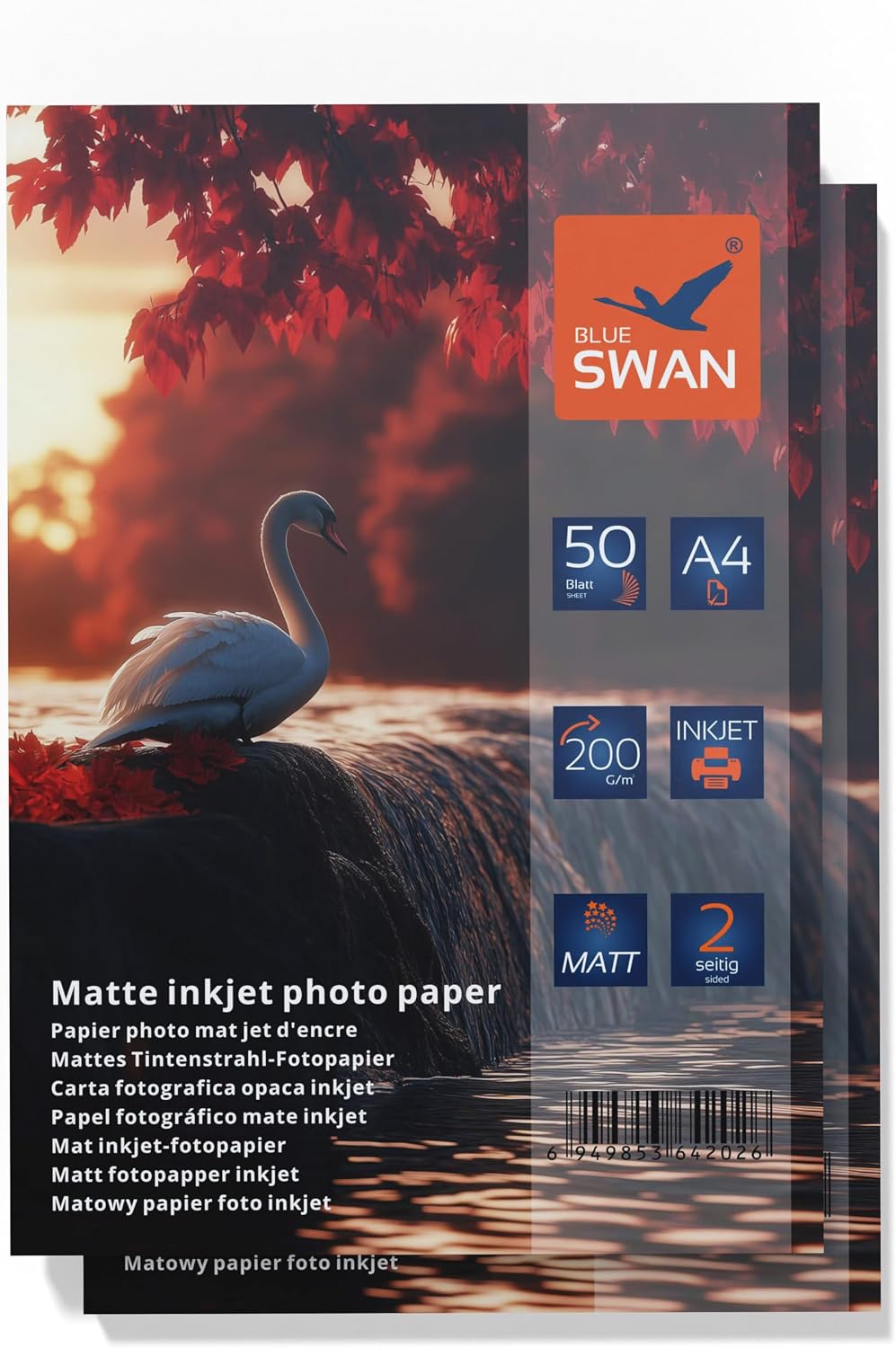 Detalle 2 de BLUE SWAN Carta Fotografica Opaca A4 da 200 g/m², 100 fogli (2×50) per stampanti inkjet