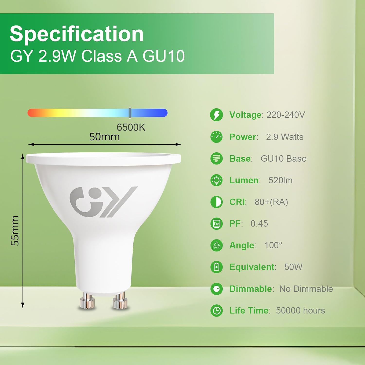 Detalle de GY GU10 2.9W LED Bulb (6500K) – 520lm, Non-Dimmable, 10 Pack