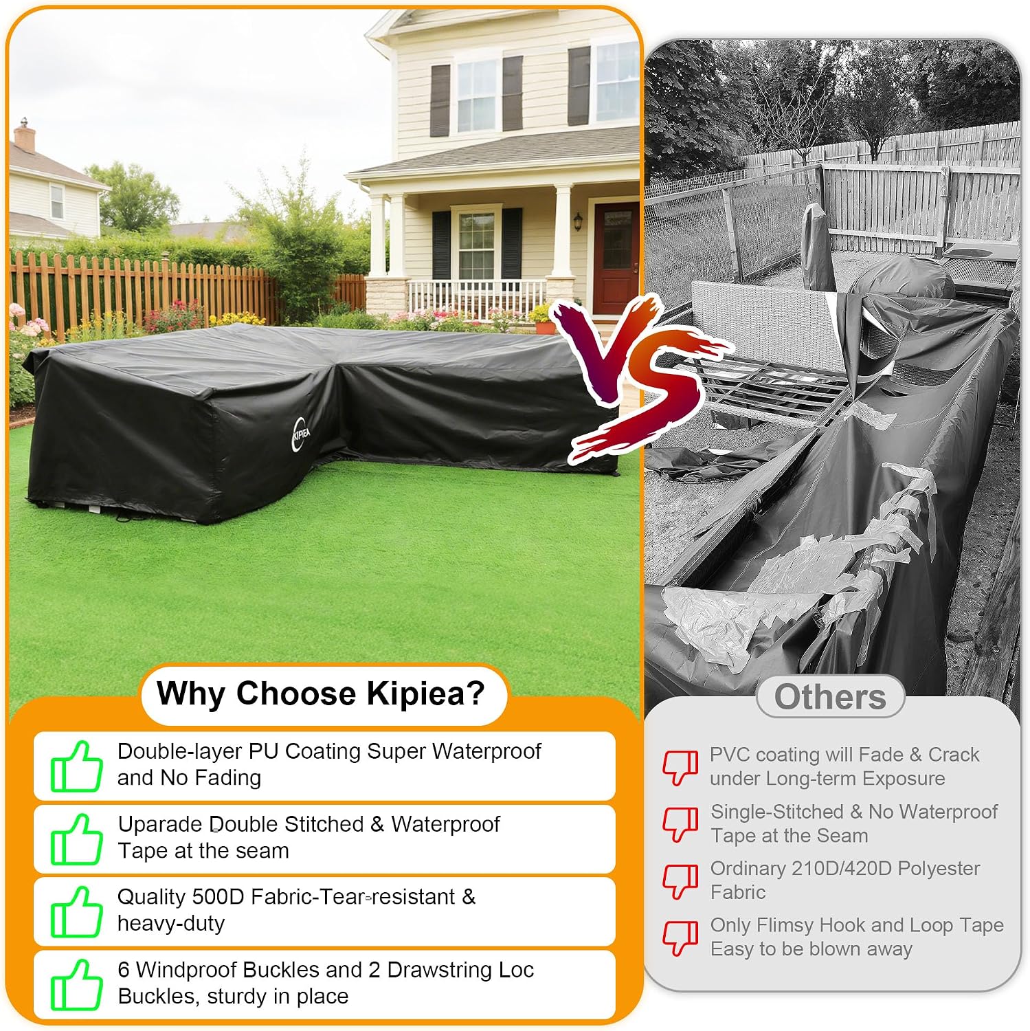 Detalle de Kipiea L-Shaped Garden Furniture Covers: Waterproof 500D Oxford, Windproof, UV-Resistant (Left Side, 229x305x85x78cm)