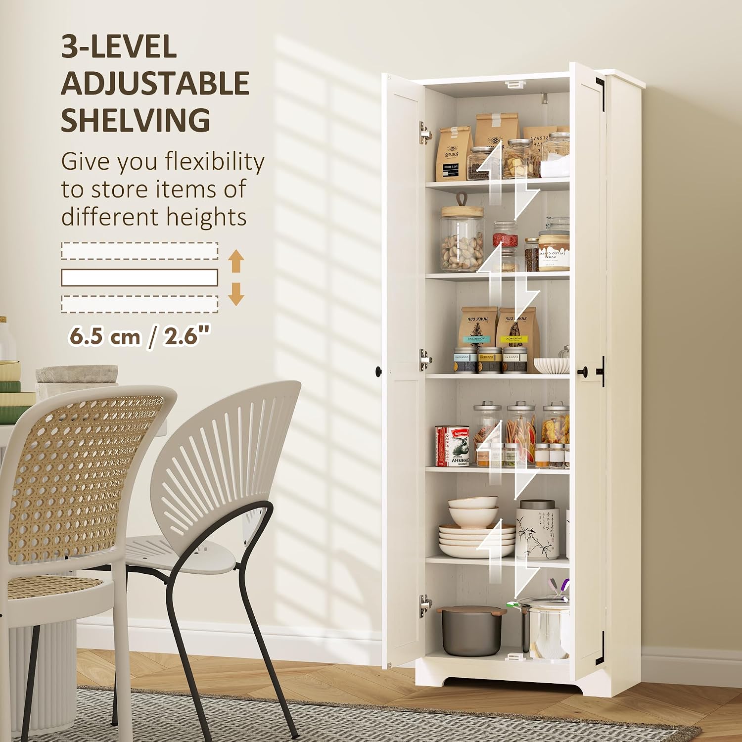 Detalle 2 de HOMCOM 838-505V80WT Farmhouse Pantry Cabinet, Distressed White, Adjustable Shelves