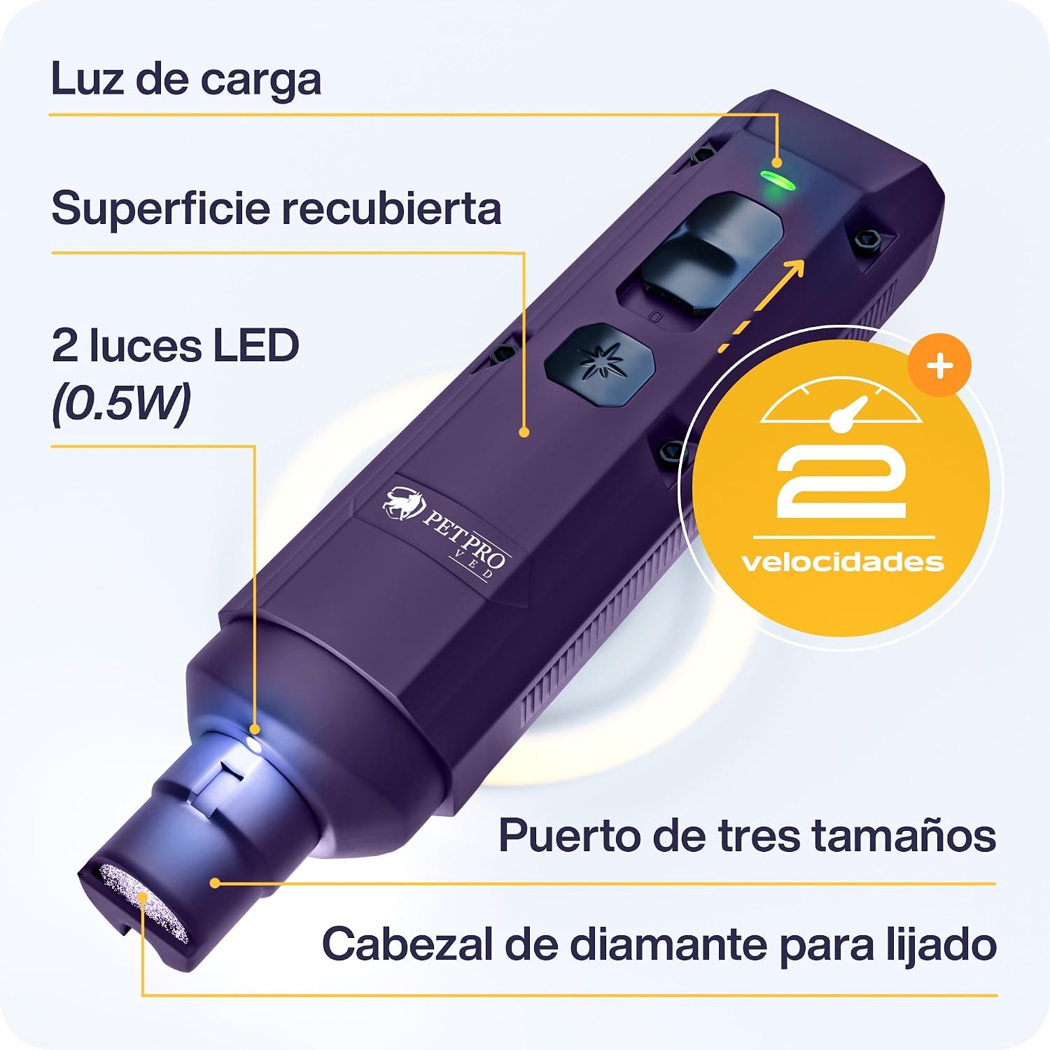 Detalle de PETPROVED Lima Uñas Eléctrico para Mascotas: Cortauñas con 2 velocidades, 3 puertos y cabeza de diamante