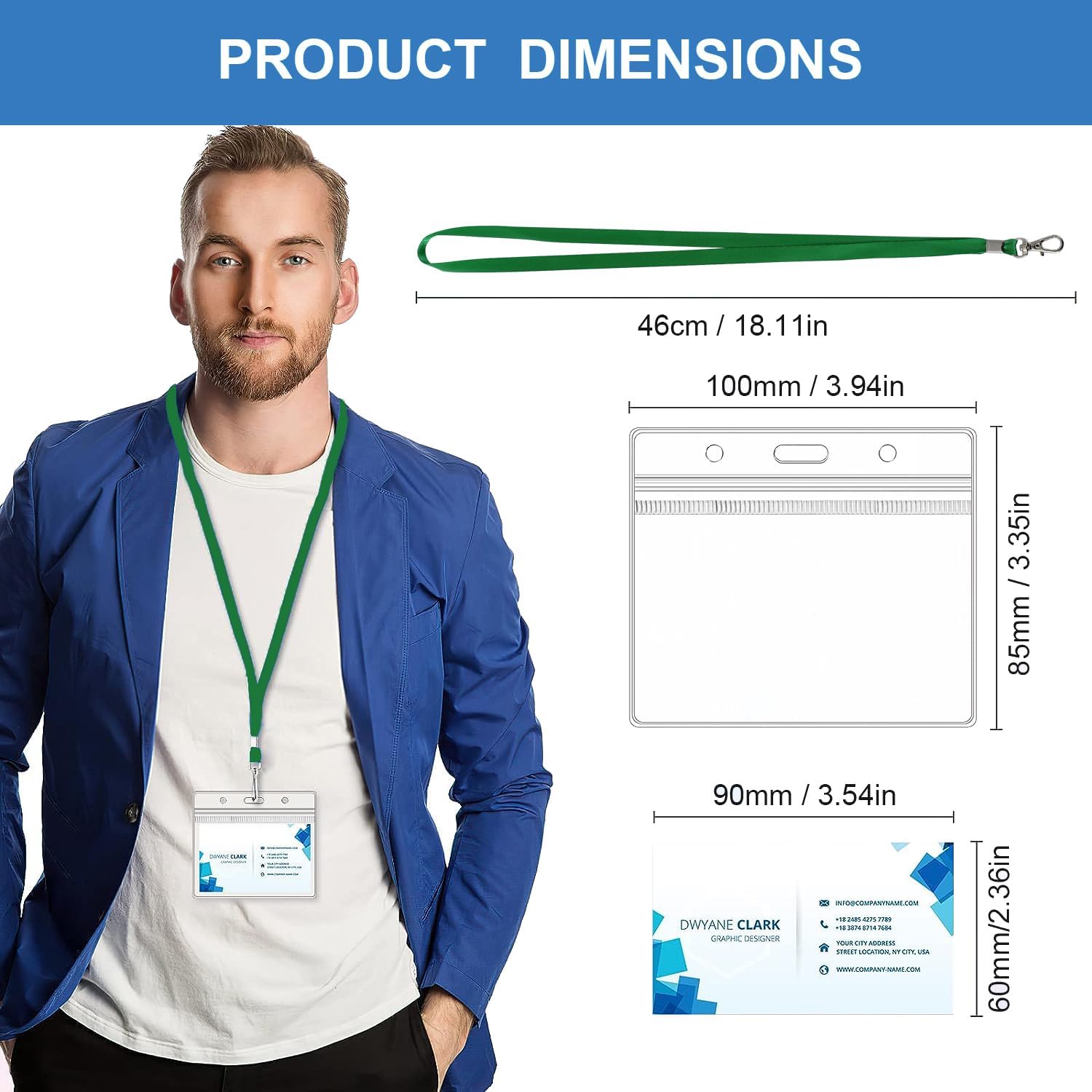 Thumbnail 1 de 50pcs Green Lanyards with Clear PVC Card Holders and ID Badge Holders (Waterproof, Sealable) — for Office, School and Events
