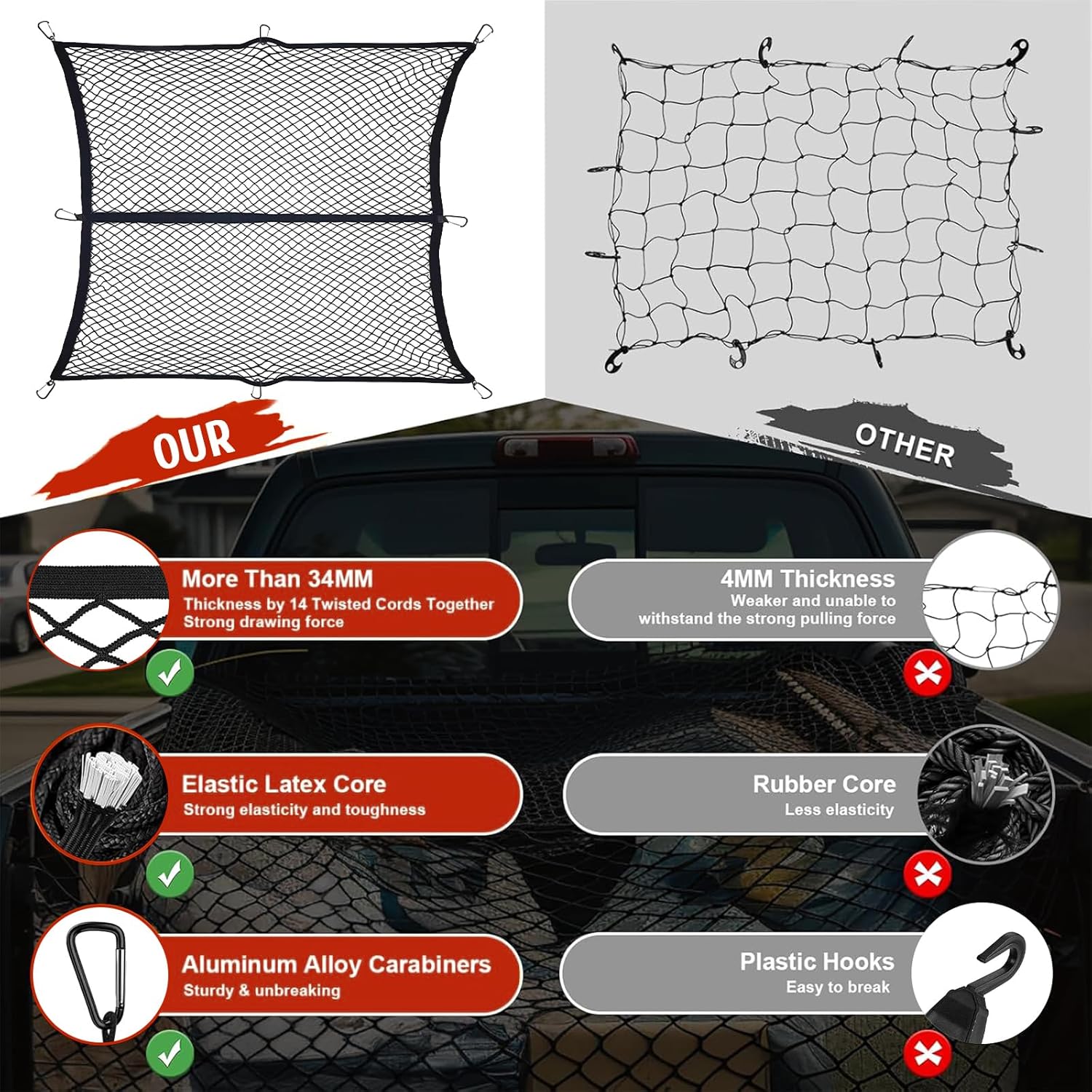 Detalle de Highly Elastic Cargo Net for Truck Beds (4x4 to 7x7) – Universal, Durable & Easy to Use