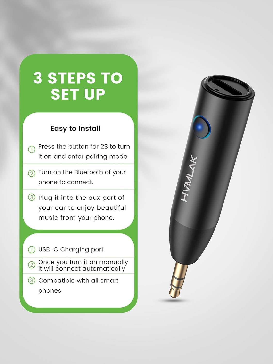 Detalle 2 de HVMLAK Aux Bluetooth Adapter Auto – Bluetooth 5.4, Klinke 3,5, Mikrofon & CD-Klangqualität