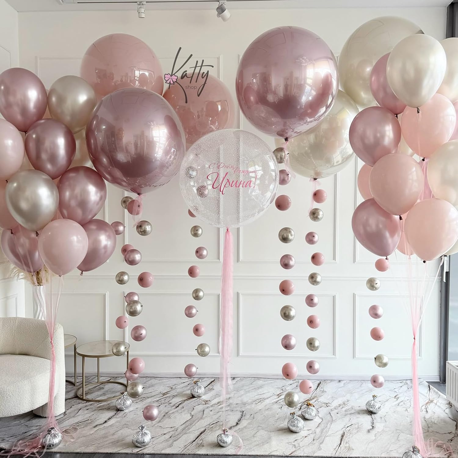 Thumbnail 1 de White Pink Gold Balloons Set, 12 Inch Double Stuffed Pearls in Blush Pink & Champagne Gold — 50 pcs for Fairy Birthday, Wedding & Party Decor