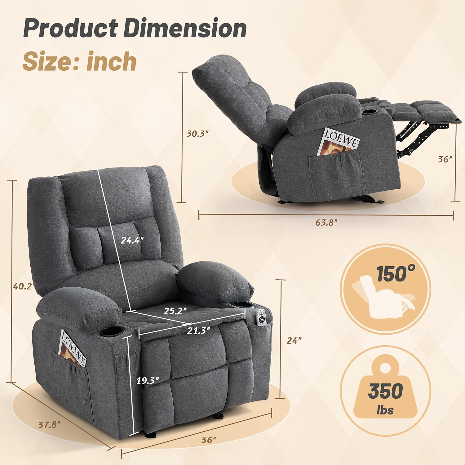 Detalle de Rocker Recliner Chair, Gray