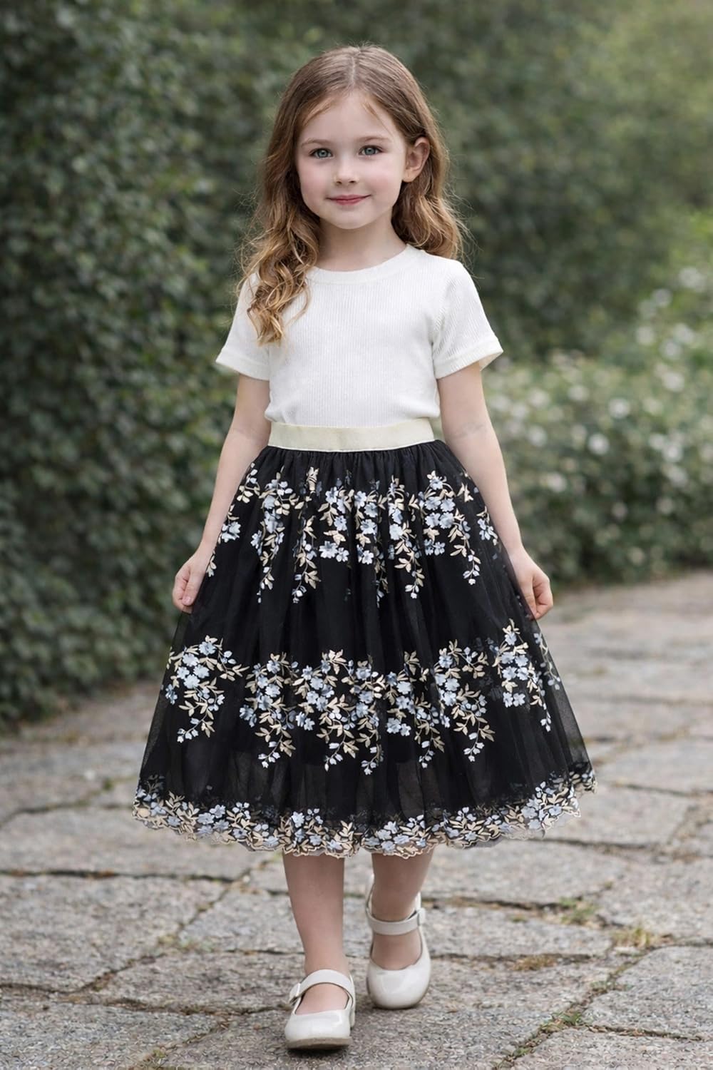 Detalle de es-uk Girls Floral Tulle Skirt with Elastic Waistband – Elegant Party, Wedding & Occasion Skirt for Kids