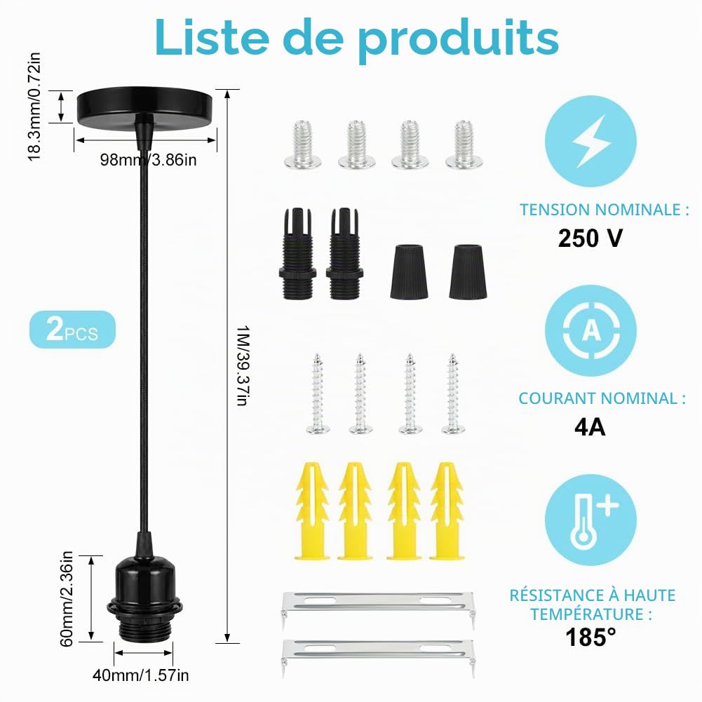 Detalle 2 de AUAUY E27-hanglamphouder, set van 2 met verstelbare kabel van 90 cm