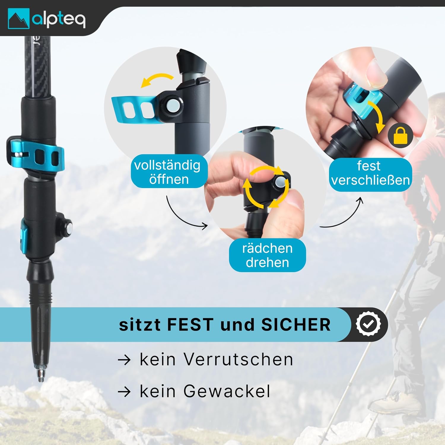 Detalle de Alpteq Carbon Wanderstöcke Teleskop – ultraleichte Trekkingstöcke aus Carbon & Aluminium, verstellbar 65–135 cm