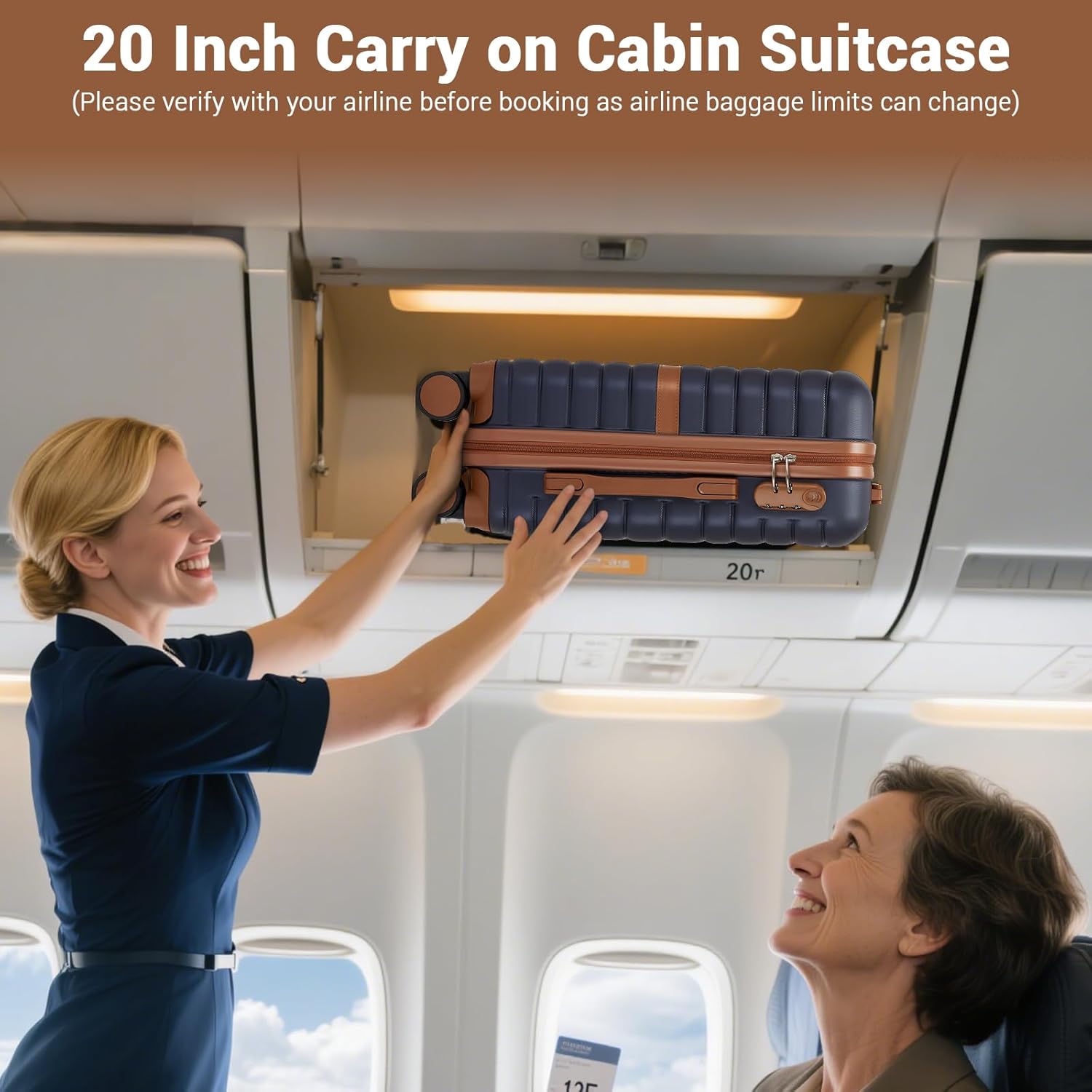 Detalle de Kono Cabin Suitcase 55x40x20 Lightweight ABS+PC Hard Shell Carry-On (Navy/Brown)