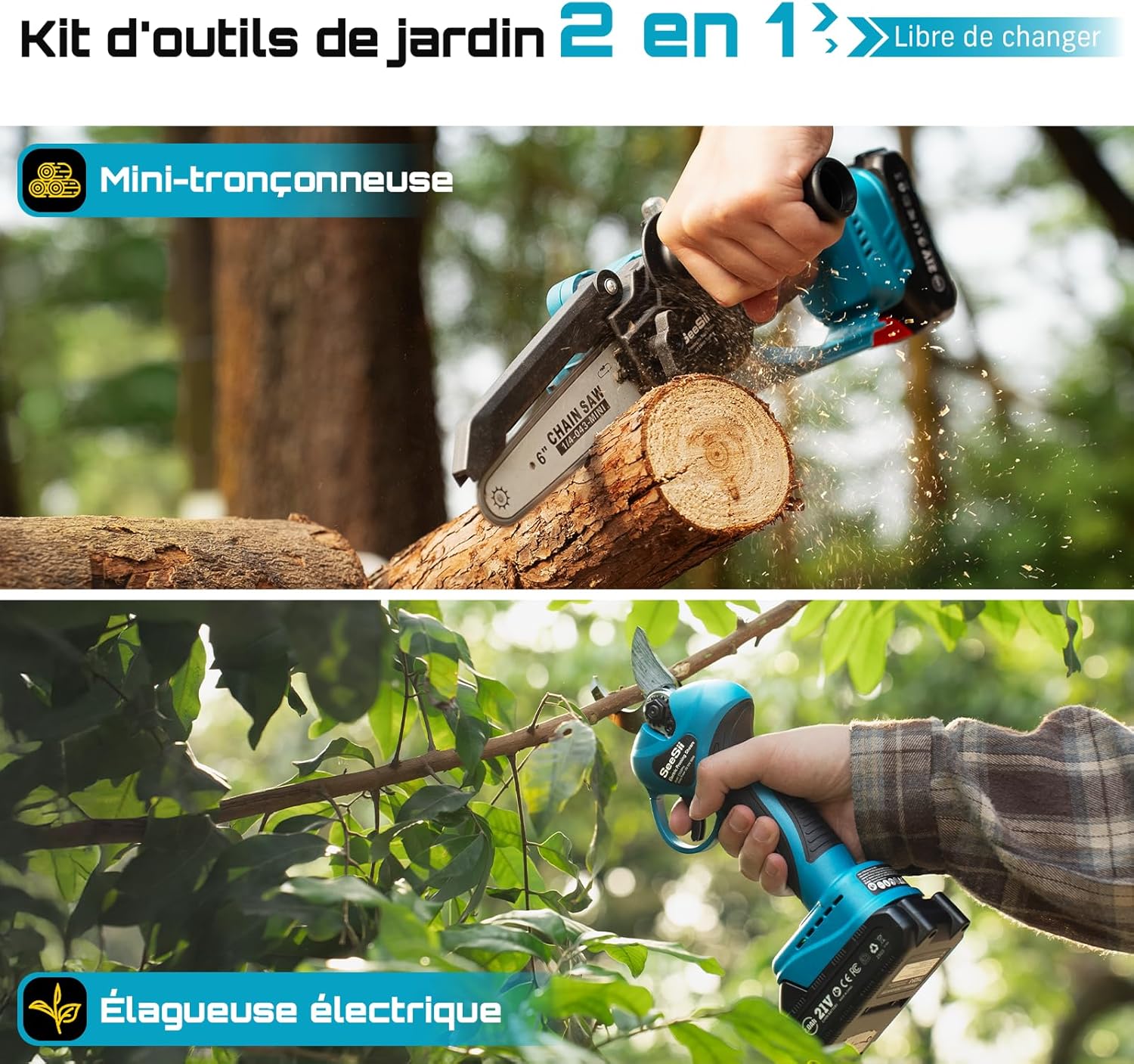 Detalle de SEESII 6 pouces mini tronçonneuse & sécateur électrique sans fil 2-en-1 (kit batteries 2×2000 mAh, moteur brushless)