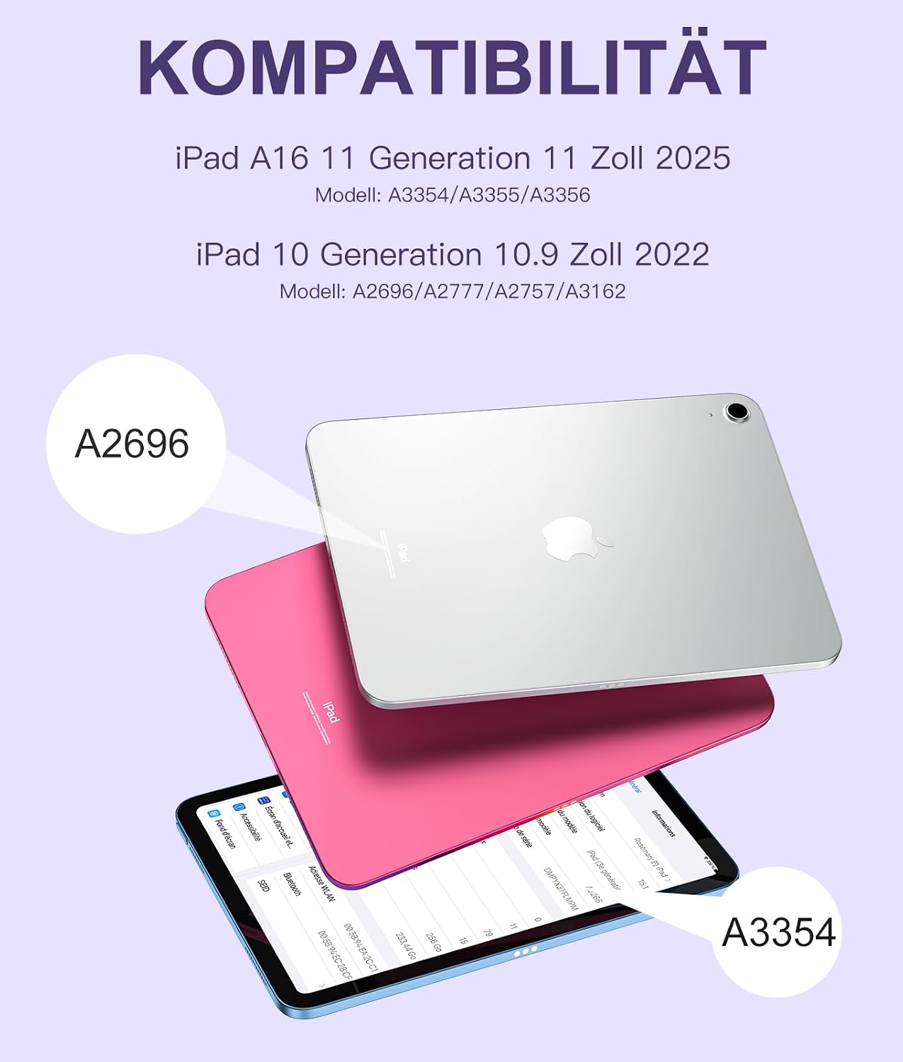 Detalle 2 de Vobafe Touchpad-Hülle mit abnehmbarer Tastatur für iPad A16 (11 / 10,9 Zoll, 2022/2025) – Lavendel