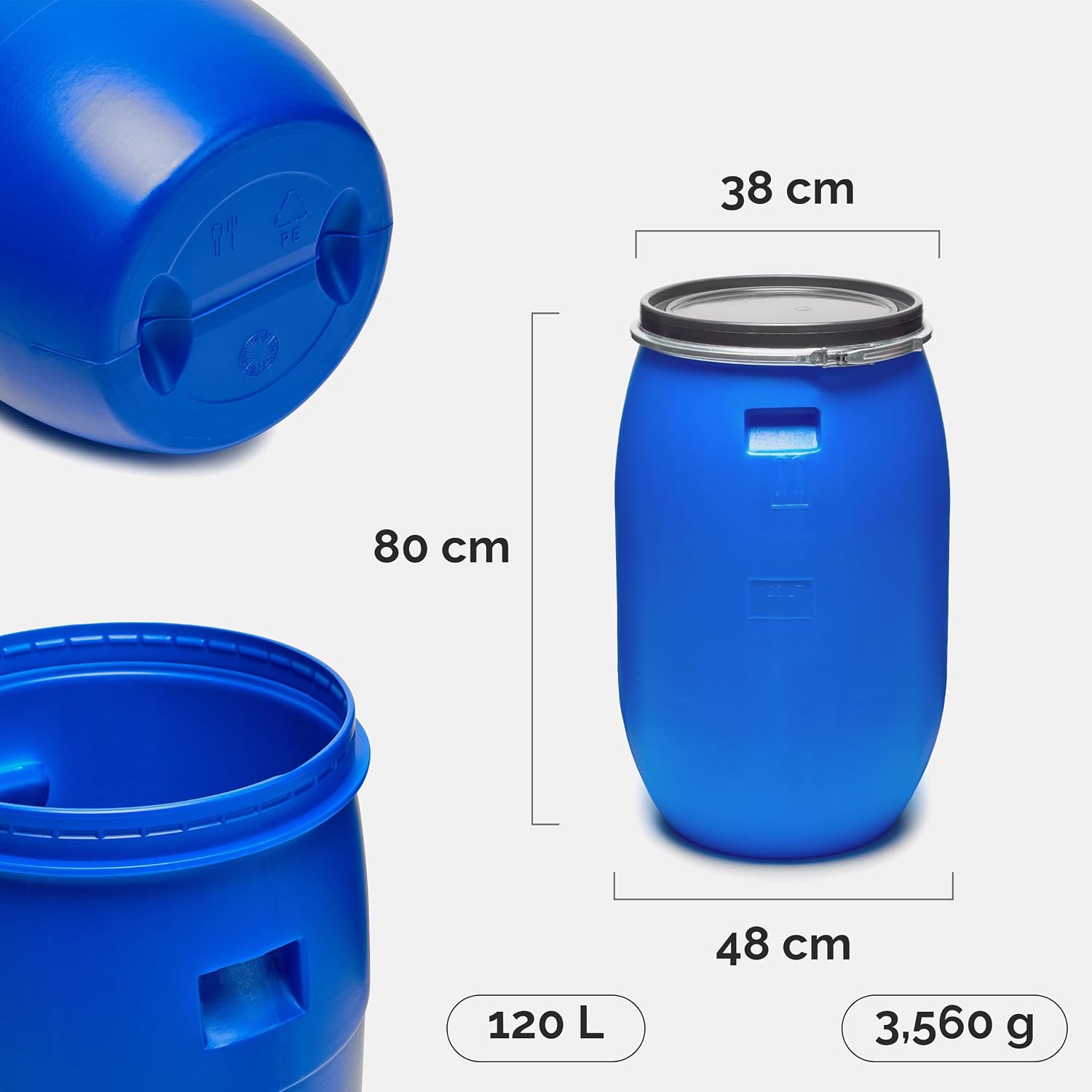 Detalle de Garronda Garronda 120-Liter Deckelfass mit Weithals – HDPE Regen- und Lebensmittelfass GD-0078 (blau)