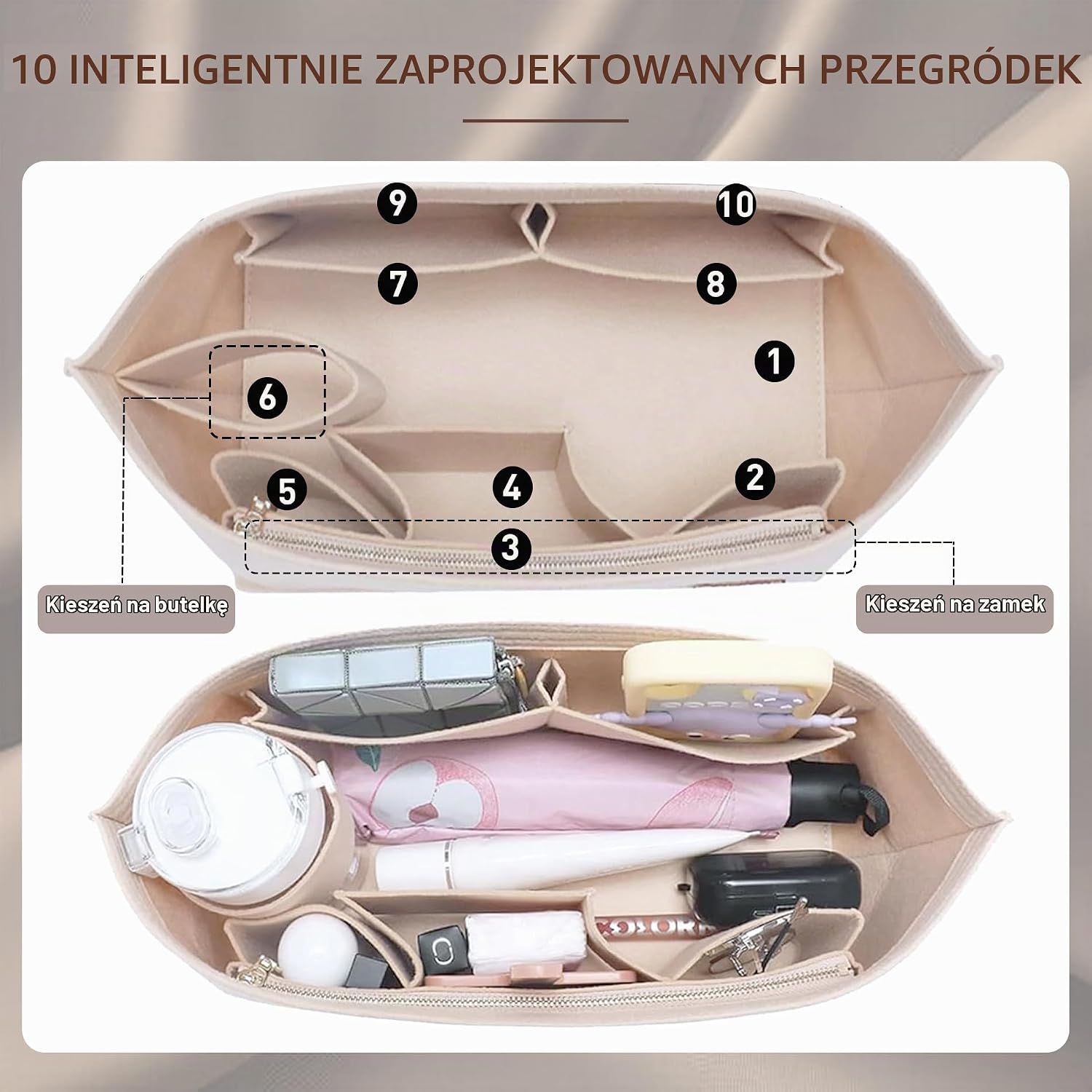 Detalle 1 de Doxo organizer do torebki, filcowy rozmiar M, z zamkiem i 8 przegrodami
