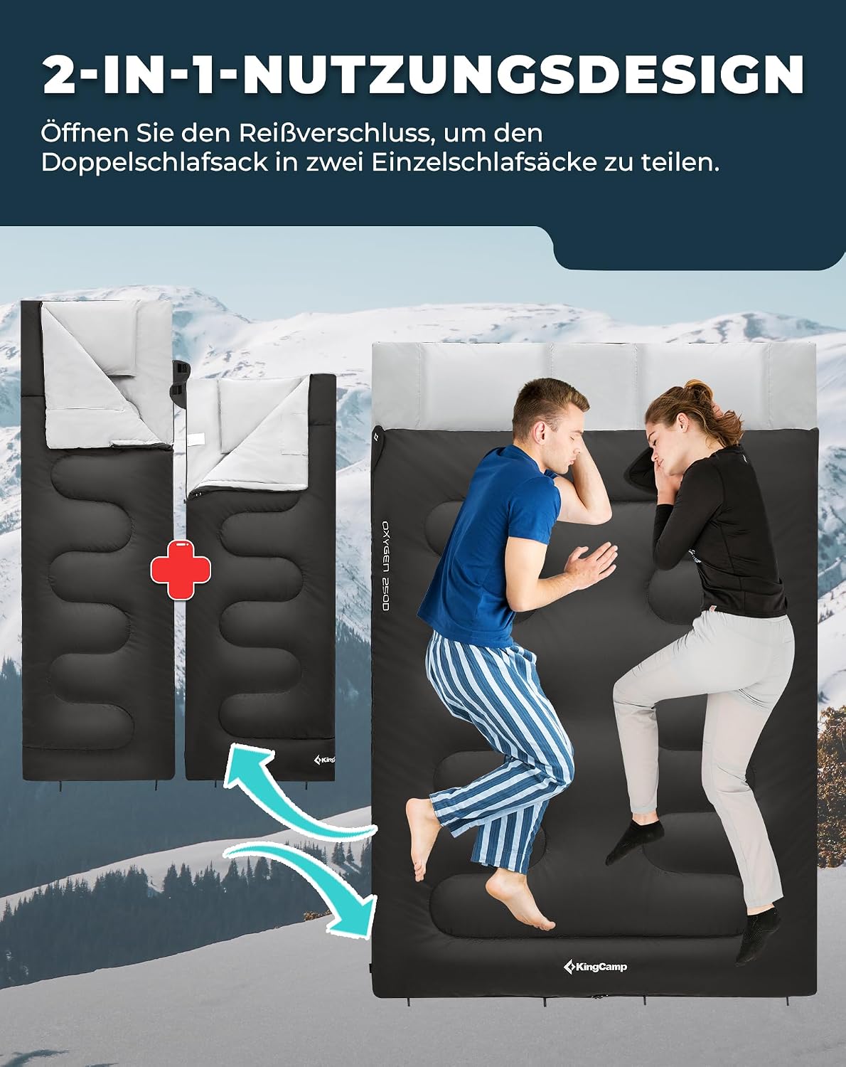 Thumbnail 4 de KingCamp Deckenschlafsack Doppelschlafsack 220 × 150 cm mit 2 Kissen – ideal für Familiencamping