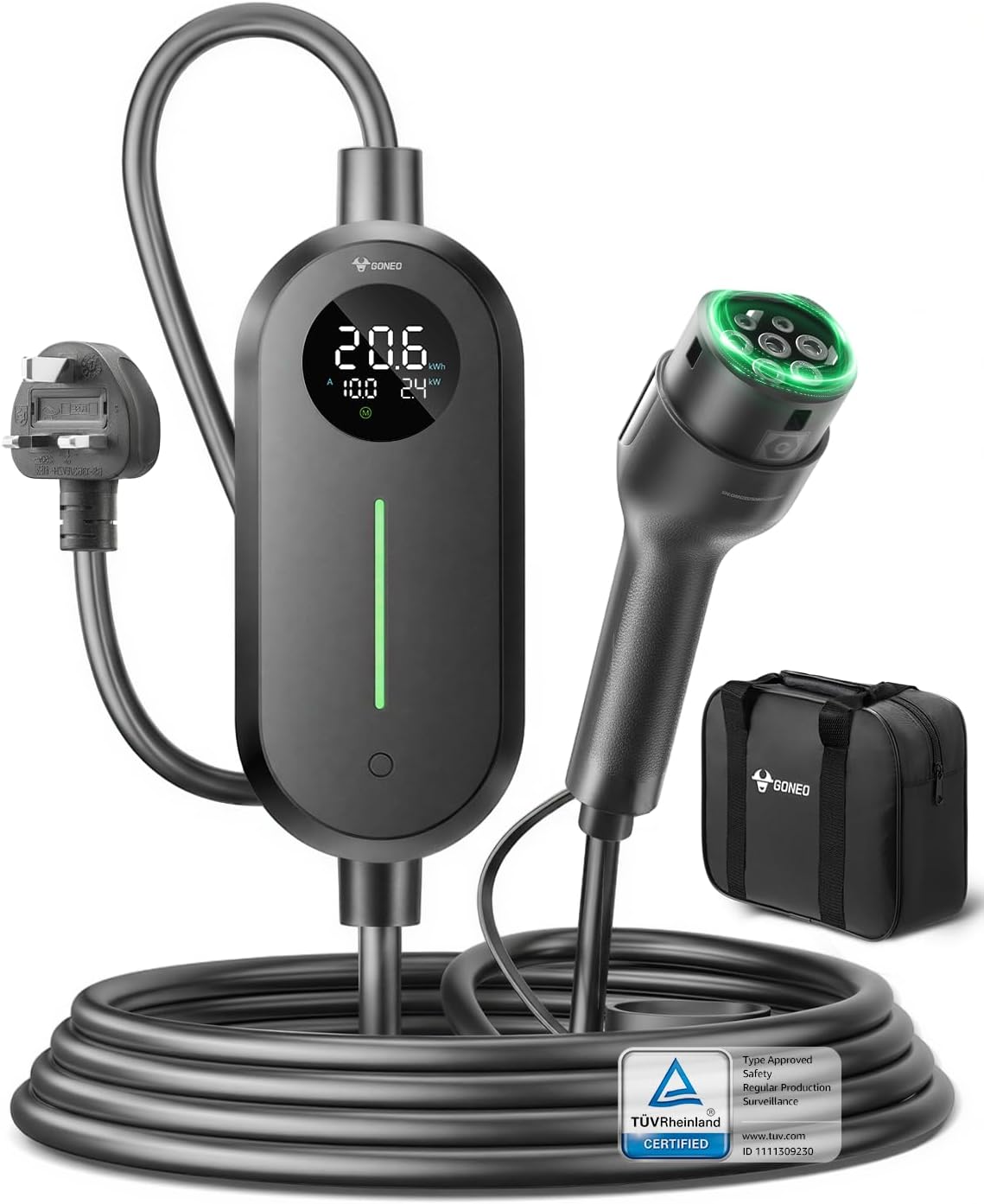 Detalle de GONEO Type 2 to 3 Pin Plug EV Charger (10M, IP66) with Temperature Monitoring and Leakage Protection