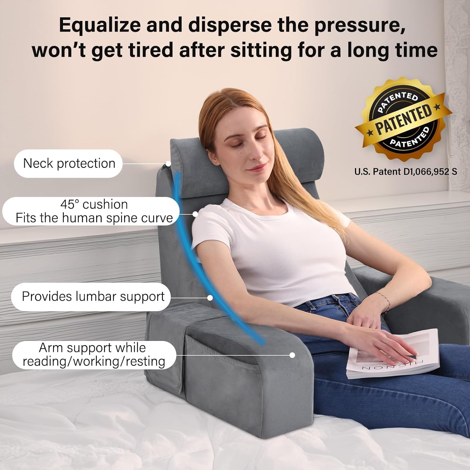 Detalle de ENITYA 19" Reading Pillow for Bed with Firm Back Support & Big Pockets