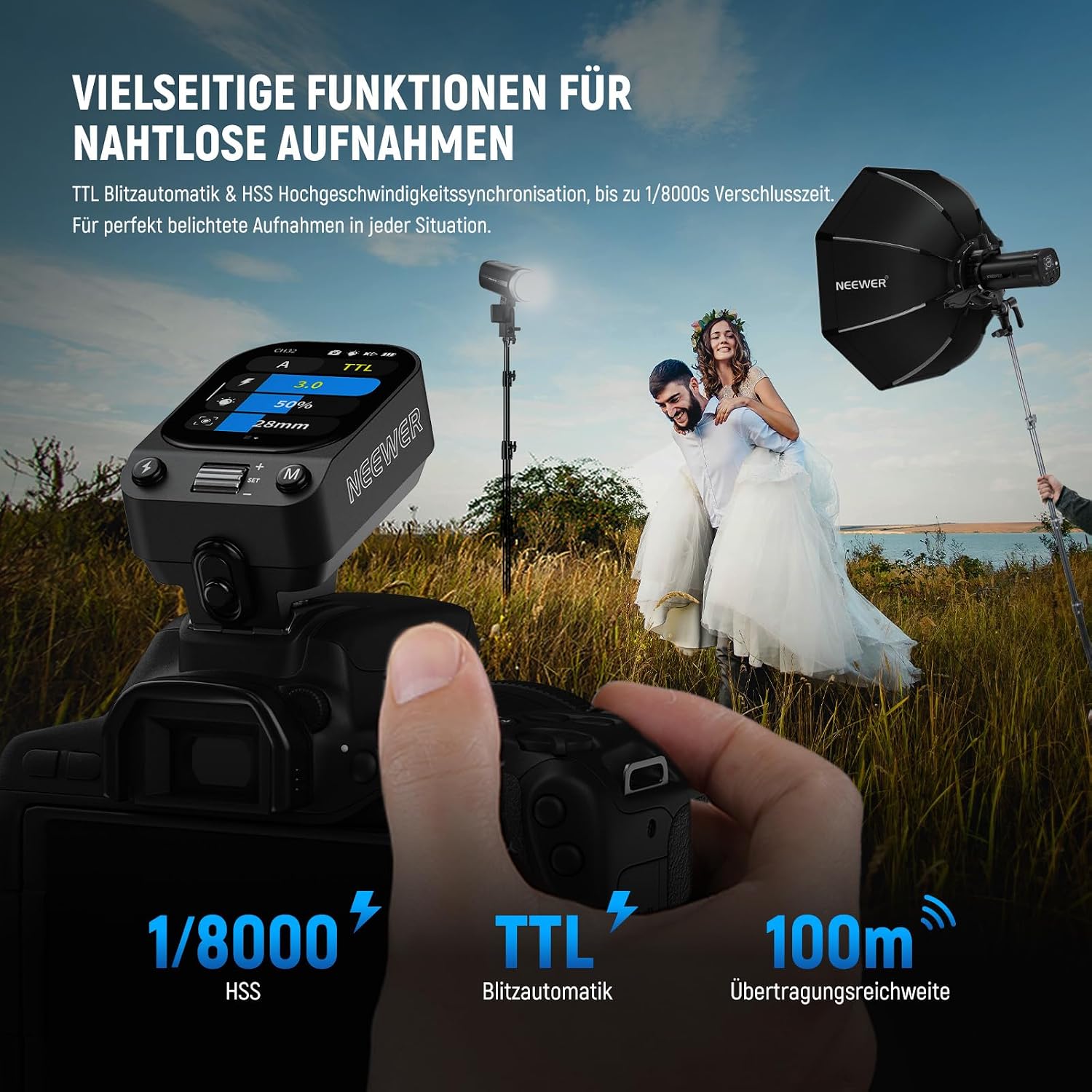 Detalle de NEEWER QZ-C TTL Funk-Blitzauslöser für Canon mit OLED-Touchscreen, 1/8000s HSS und 1000-mAh Akku