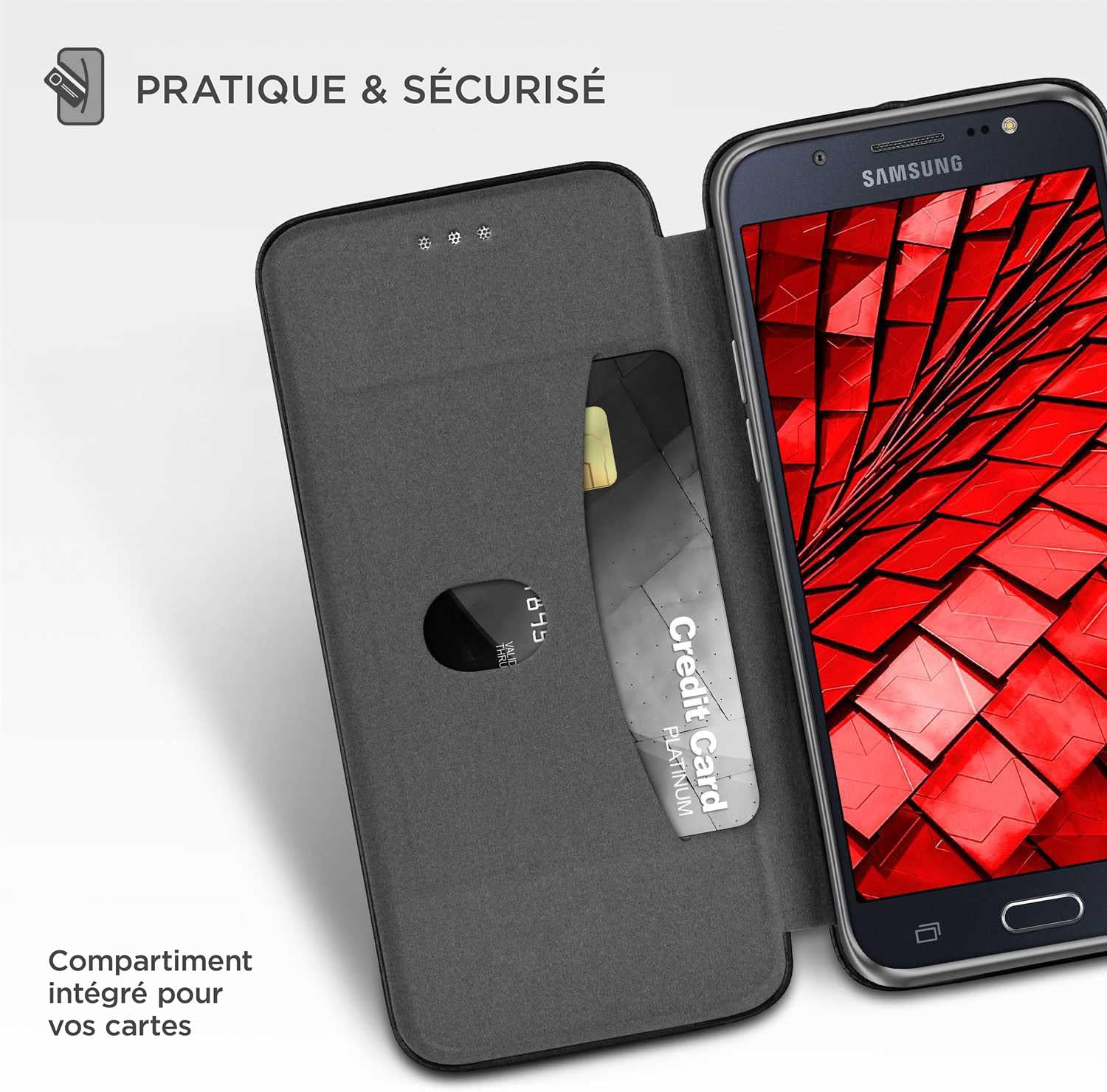 Detalle de OneFlow Étui de téléphone pour Samsung Galaxy J5 (2016) – étui à rabat en cuir avec fente pour carte et bumper silicone, noir
