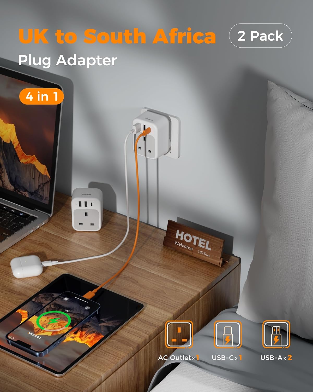 Detalle de TESSAN South Africa 4‑in‑1 Travel Adapter 2 pack 🔌