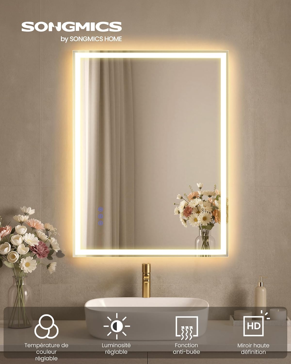 Detalle 2 de SONGMICS Miroir de Salle de Bain avec Éclairage LWM212WC02 – Antibuée, LED réglables et cadre blanc