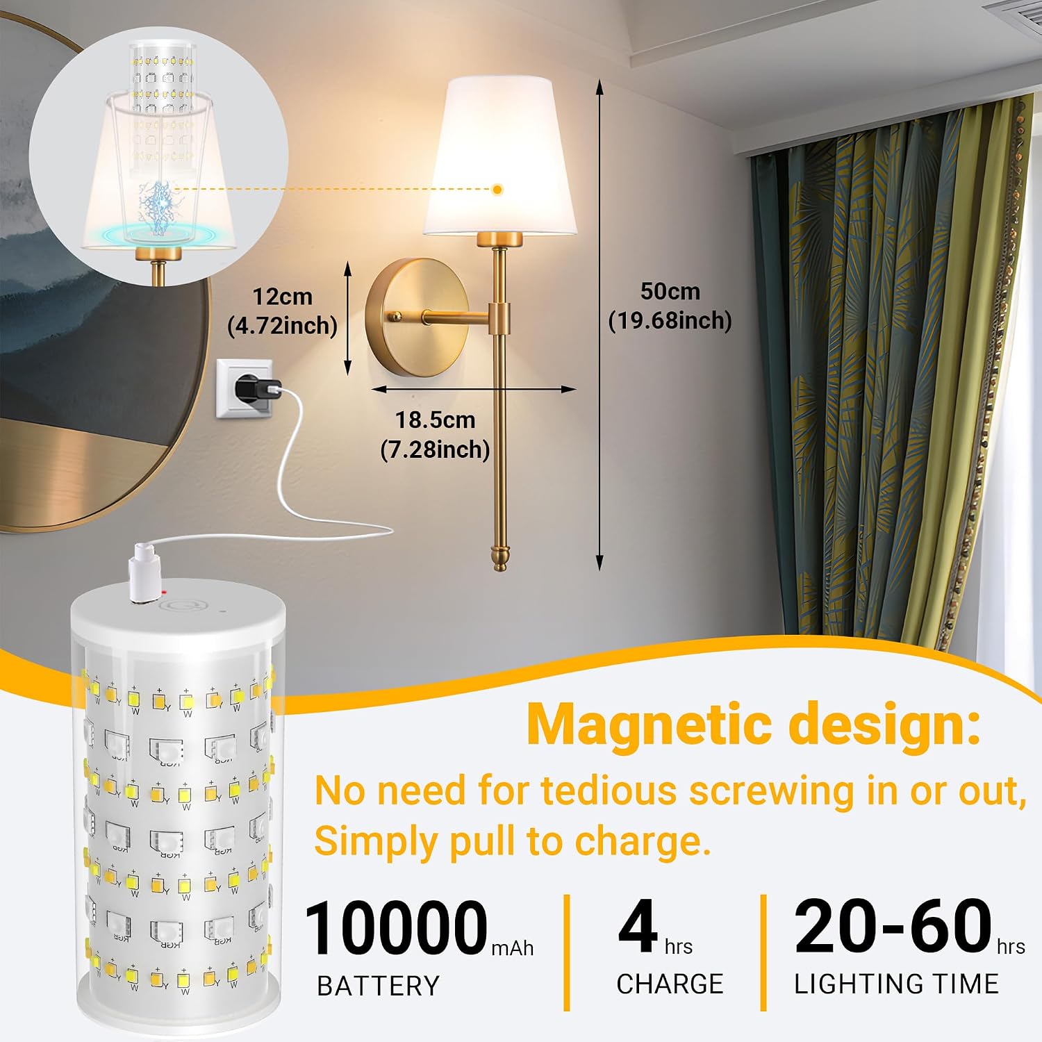 Detalle 2 de Vimhou Peel and Stick Wall Sconces (Set of 2) — Battery-Powered, No-Drill LED Wall Lamps with Magnetic Corn Bulbs