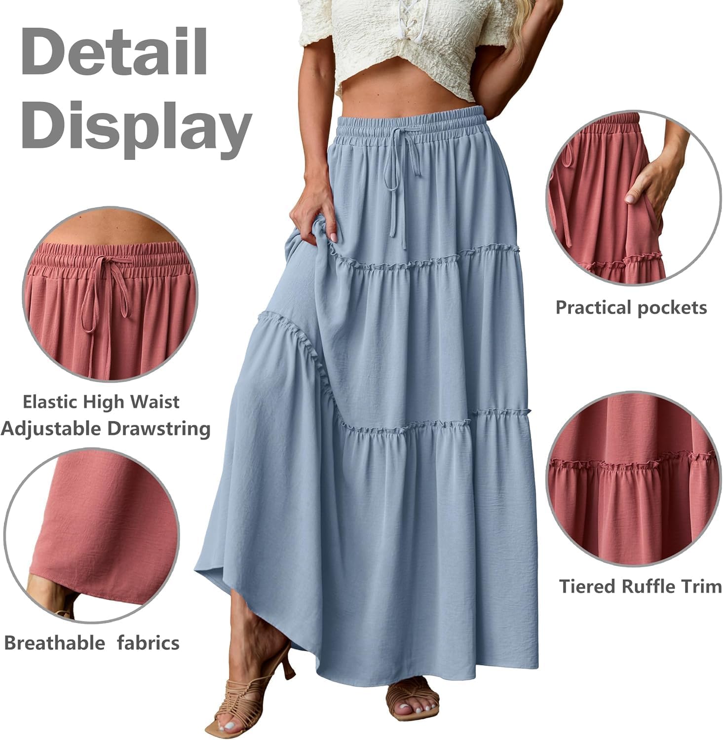 Thumbnail 3 de QIXING boho maxi skirt for women with pockets and drawstring waist
