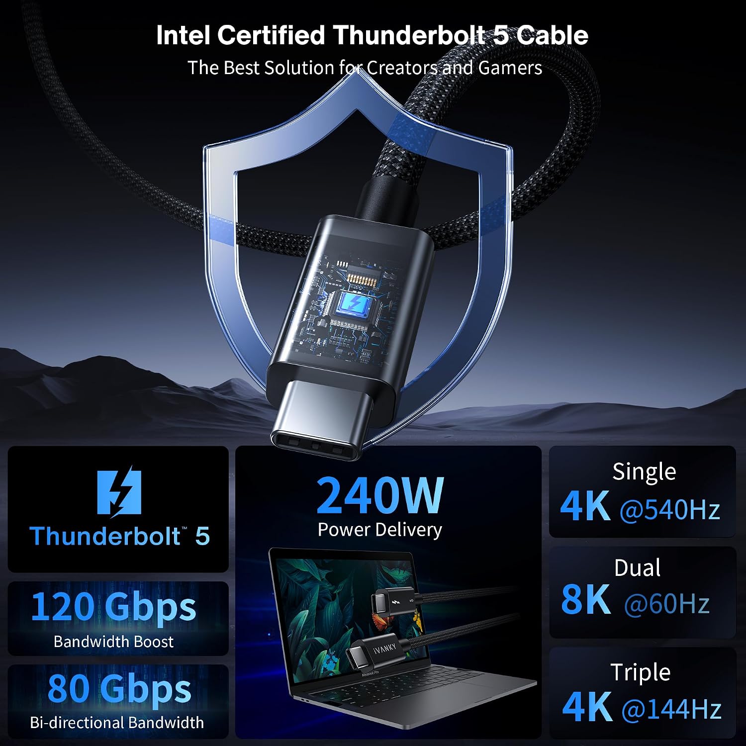 Detalle de IVANKY Thunderbolt 5 Kabel (USB‑C) – 80 Gbps Datentransfer, 240W Laden, 8K‑Display