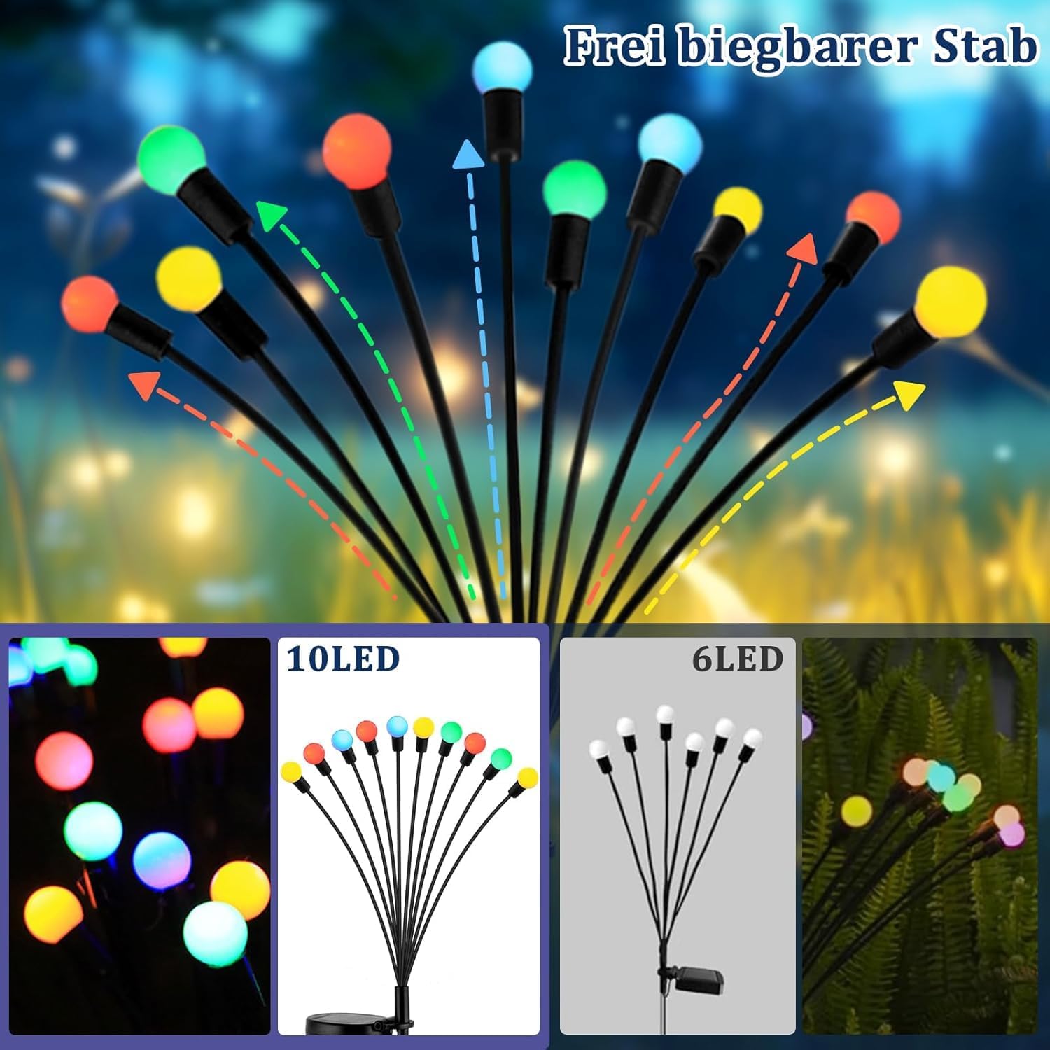 Thumbnail 4 de Cnulenzt Solarlampen für außen – 4 Stück 10LED bunte Glühwürmchen mit IP65, kabellose Gartenbeleuchtung