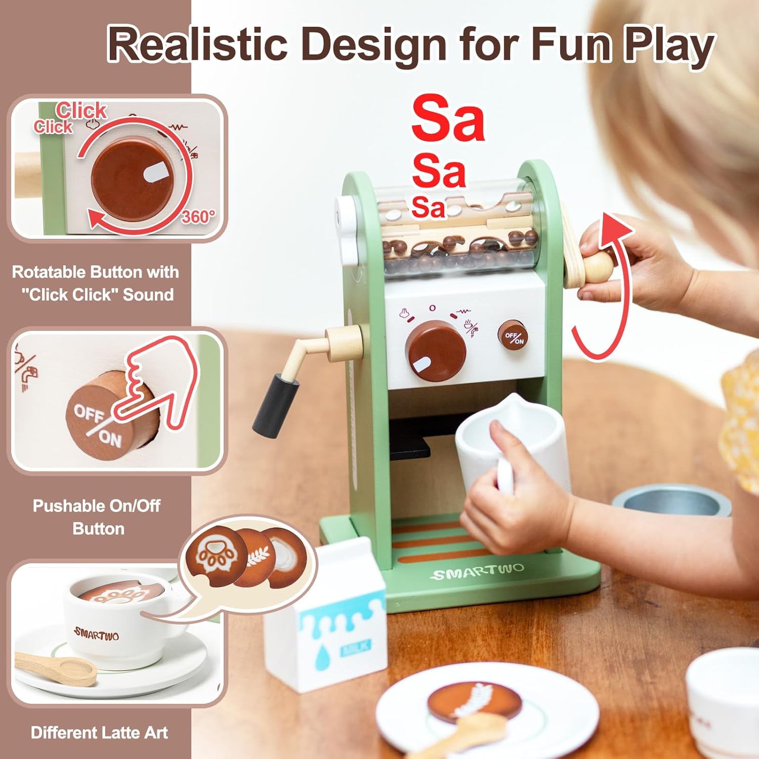 Thumbnail 1 de Smartwo Kinder-Holz-Kaffeemaschine mit Mühle – 17-teiliges Spielset für die Spielküche, grün (ab 3 Jahren)