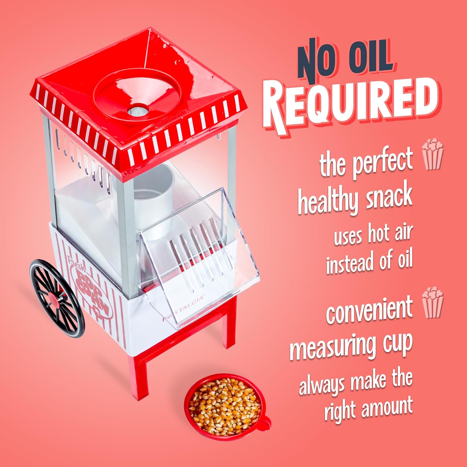 Detalle de Nostalgia Vintage Hot-Air Popcorn Maker: 12-Cup, Oil-Free, White & Red on a Classic Cart