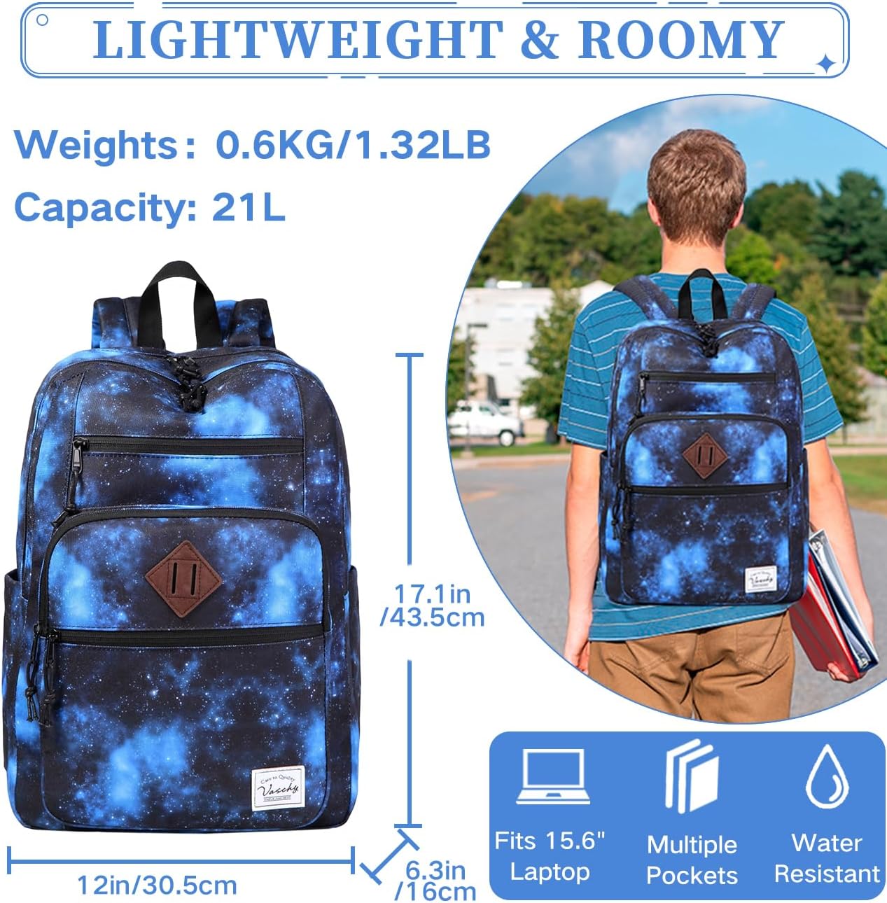 Thumbnail 1 de VASCHY 21L Lightweight School Backpack (water-resistant, 15.6 inch) for teens and adults