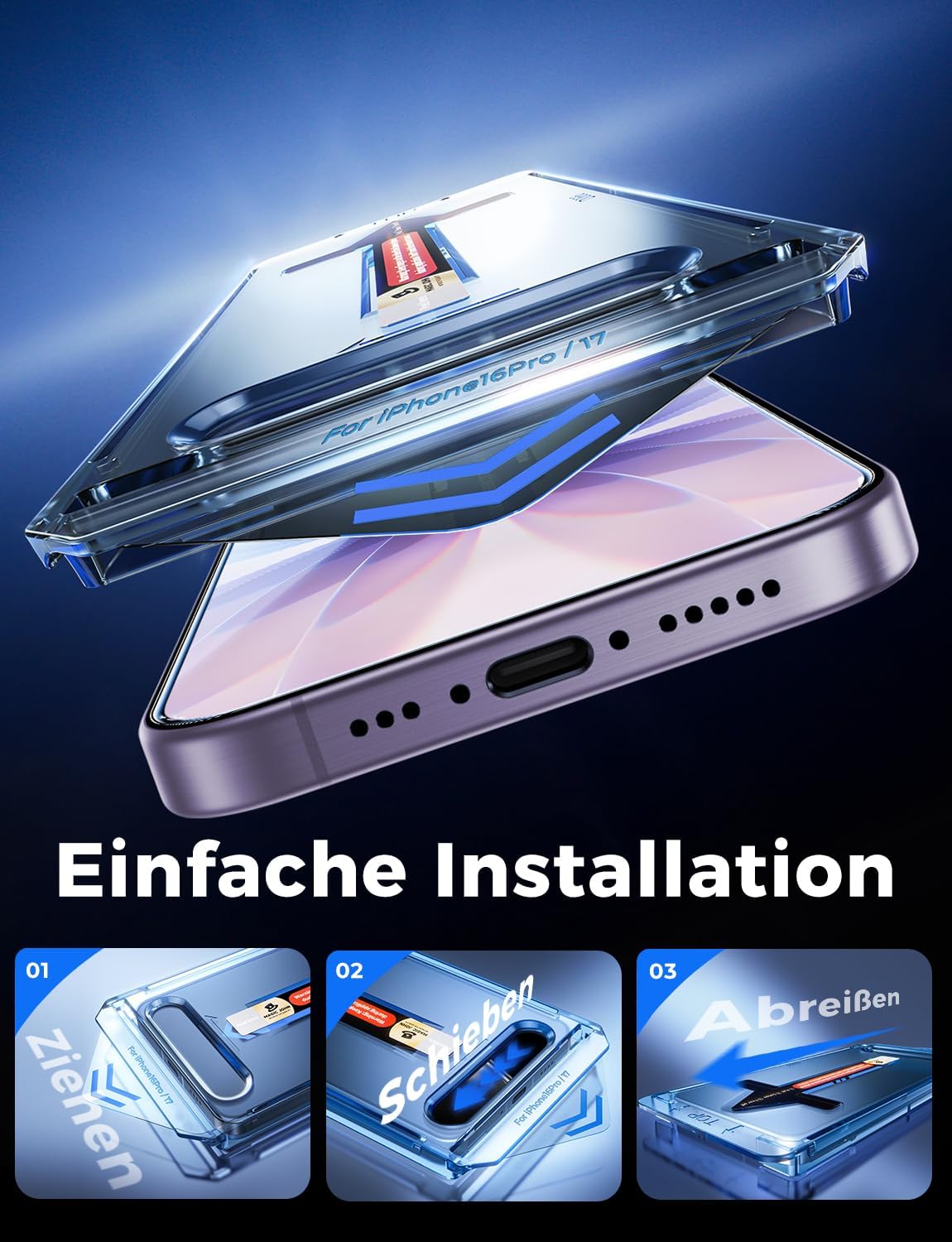 Detalle de MAGIC JOHN 2er-Pack Schutzglas für iPhone 17, 6,3 Zoll – 9H HD Klar, Blasenfrei, Auto-Staubentfernung