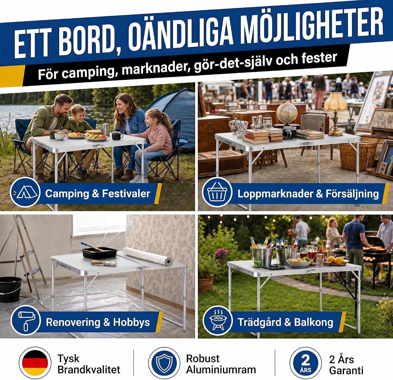 Detalle de GOODS+GADGETS 3169011 campingbord 120 × 60 cm i aluminium, tre höjdlägen
