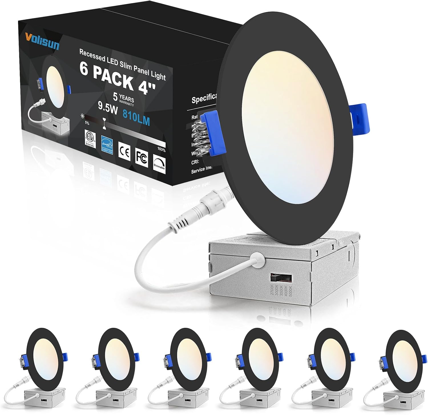 Detalle de VOLISUN 22101ZM-B-4IN6PK 4-Inch Black LED Recessed Lights, 5 CCT, 810 lm