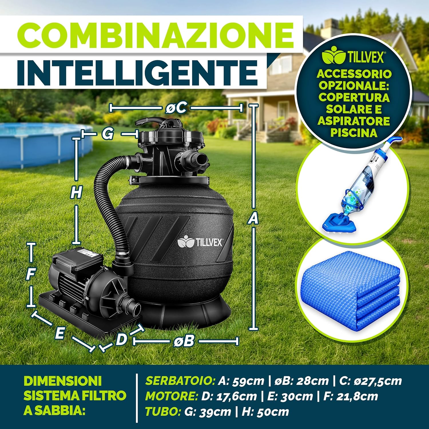 Detalle 2 de Pompa filtro piscina tillvex con portata 7.900 l/h e filtro a sabbia + valvola a 7 vie (adattatore 2in1 Ø32/38 mm)