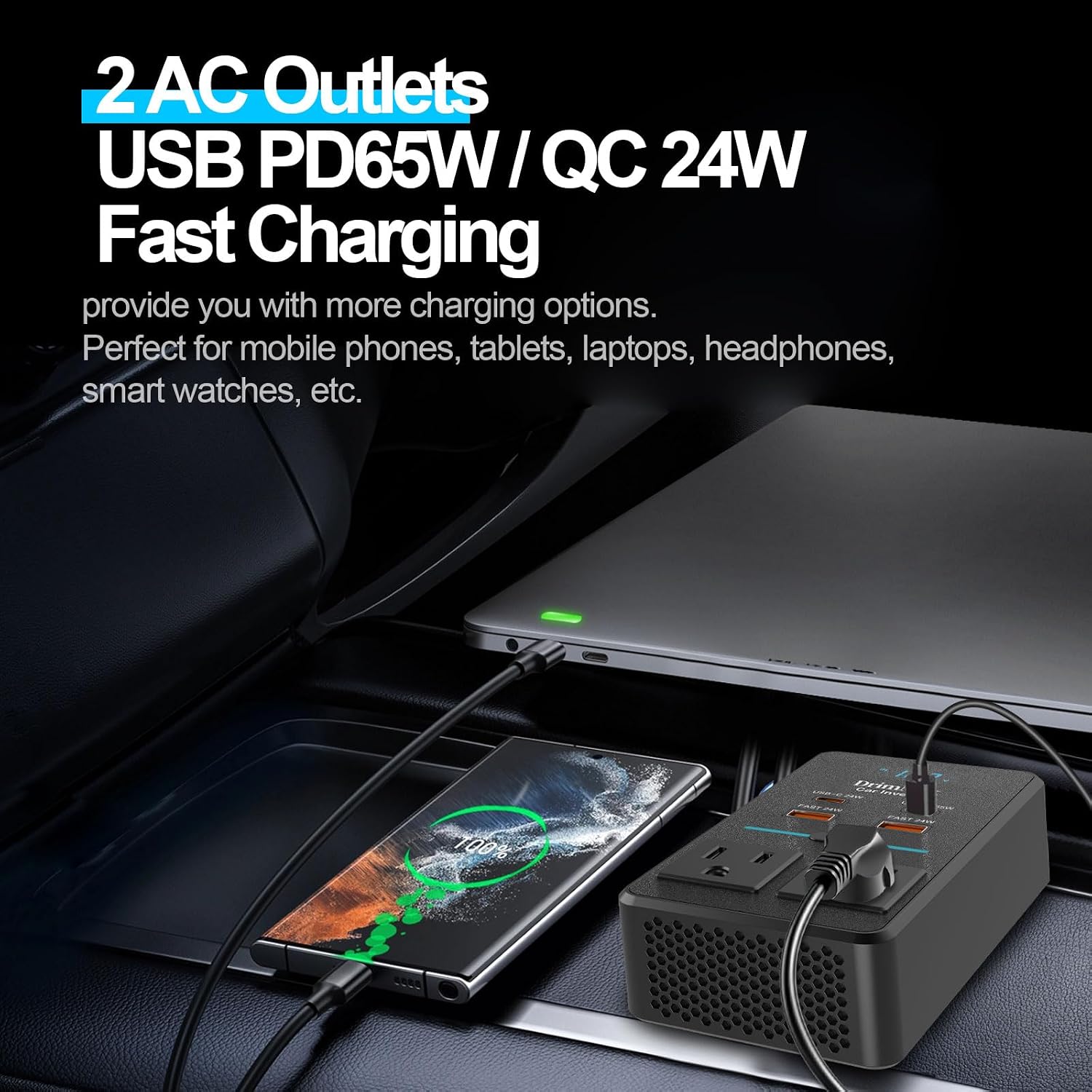 Detalle de 300W Car Power Inverter: 12V to 110V with 65W USB-C Fast Charging