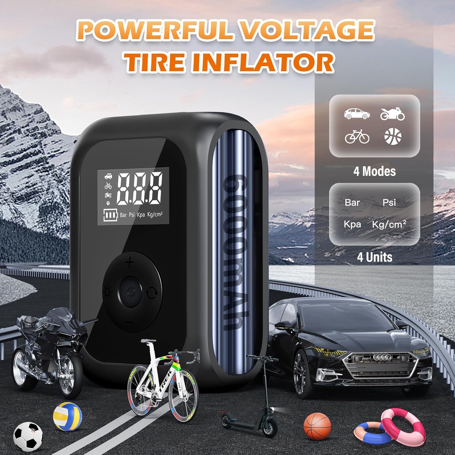 Thumbnail 4 de Elektrische Luftpumpe 6000 mAh – Akku Mini Kompressor für Fahrrad, Motorrad, Auto & Bälle (bis 10,3 bar / 150 PSI)