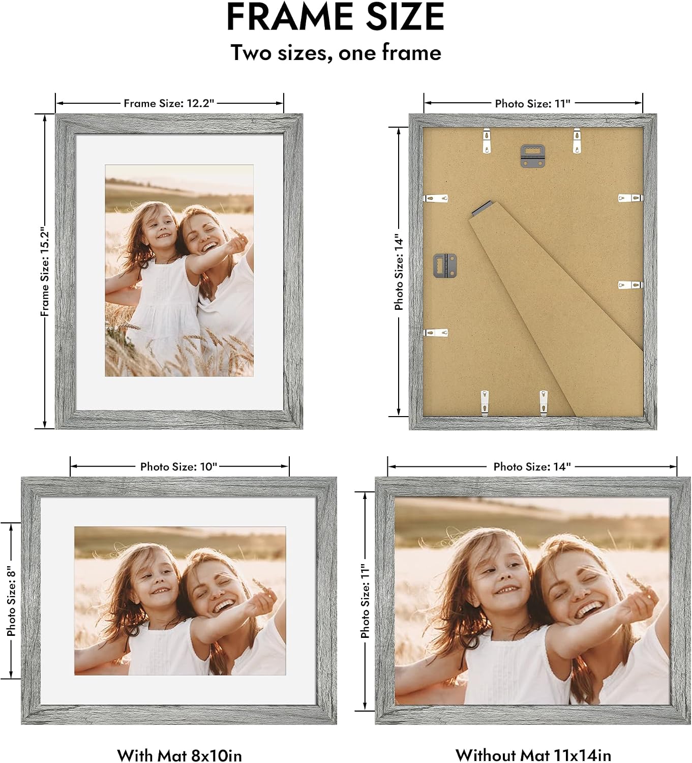 Detalle 2 de Hongkee 11x14 Picture Frame with Real Glass – 8x10 Wood Frame with Mat (Grey, 1 Pack)