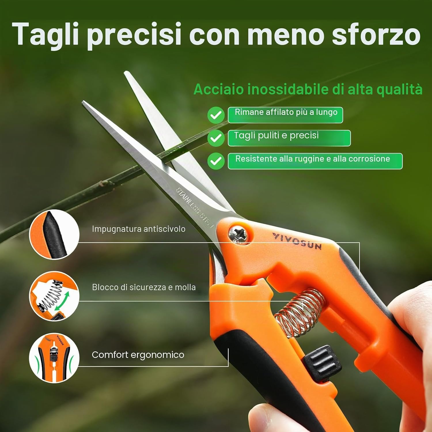 Detalle de VIVOSUN confezione da 2 forbici da giardinaggio da 17 cm con manici ergonomici e rivestimento antiaderente