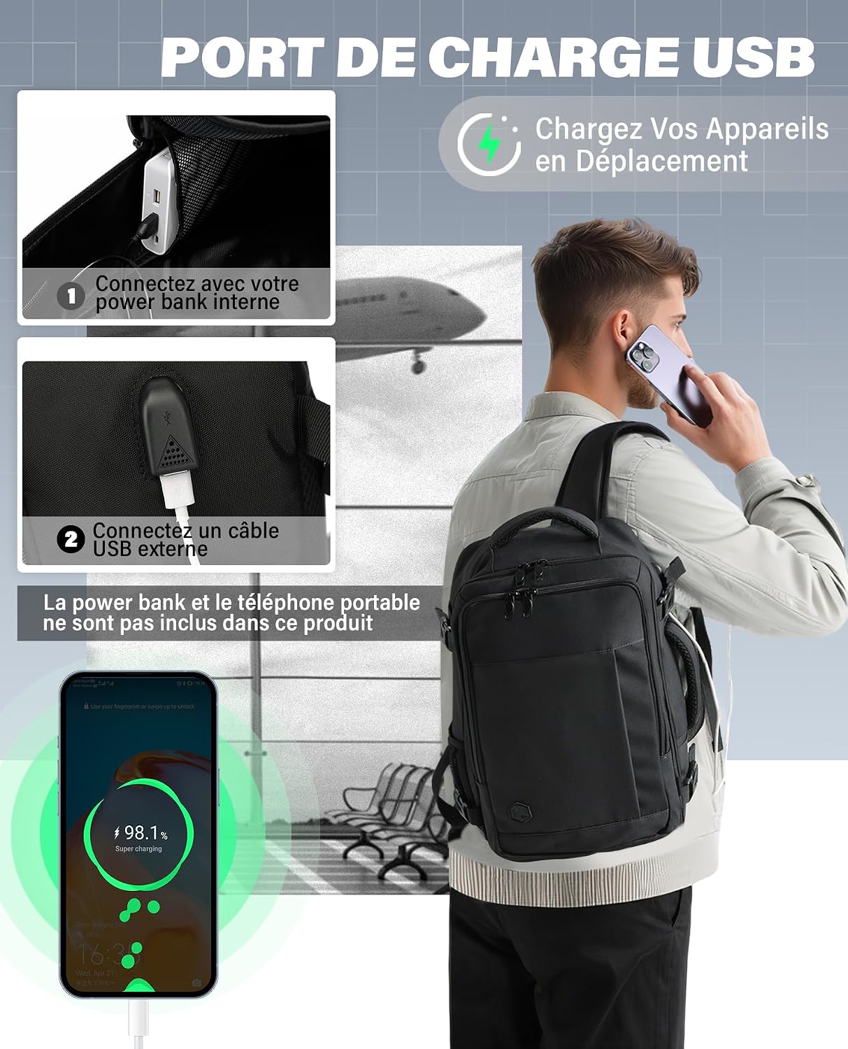 Thumbnail 6 de VANKEV Bagage Cabine 40x20x25 cm – Sac à dos cabine 20 L pour Ryanair, ordinateur 14 pouces, noir
