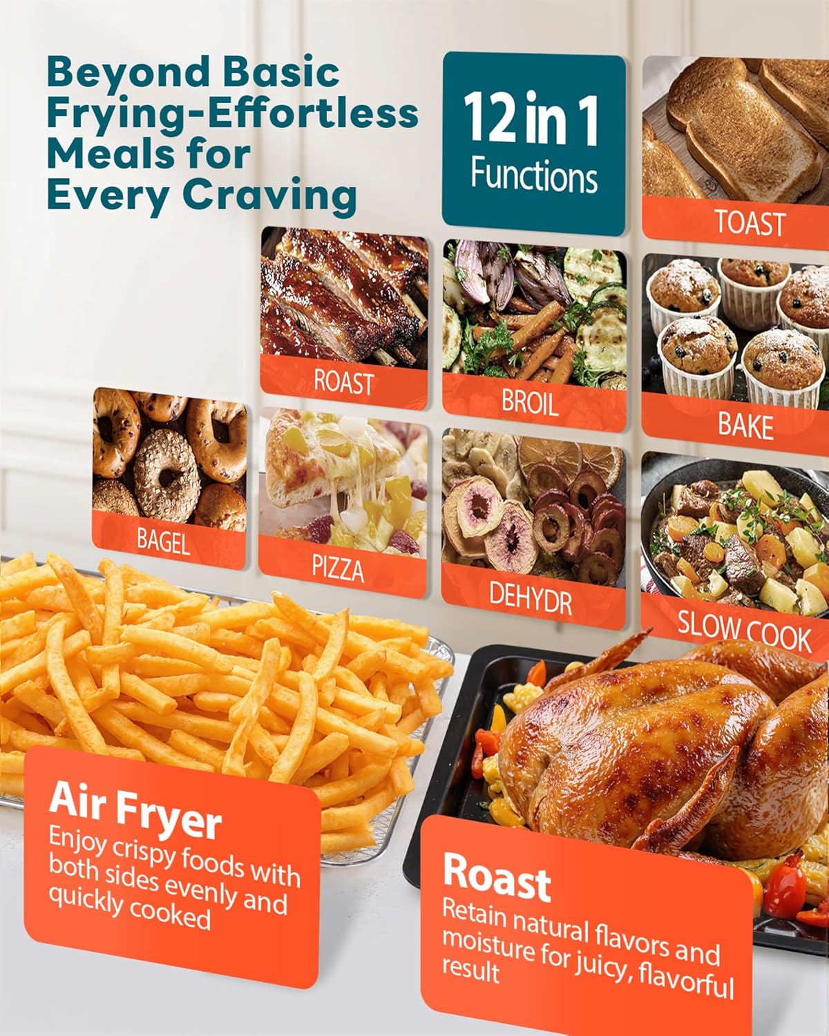 Thumbnail 3 de 28QT Air Fryer Toaster Oven Combo (Large 12-in-1) with Rotisserie, 6 Heating Tubes, Fits 11" Pizza — Stainless Steel