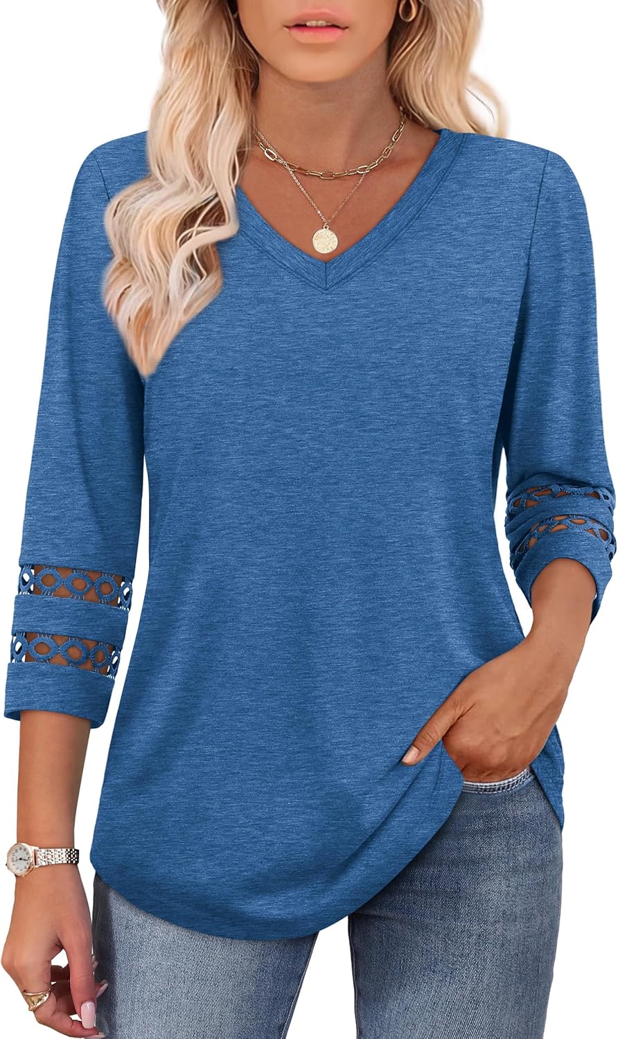 Detalle de XIEERDUO Summer Tops: V Neck 3/4 Sleeve Blouse for Women in Loose Fit