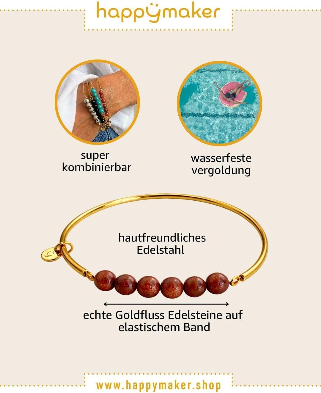 Thumbnail 3 de happymaker Edelstein Armreifen – elastischer Edelstahlarmreif mit Edelsteinperlen, handgefertigt in Deutschland