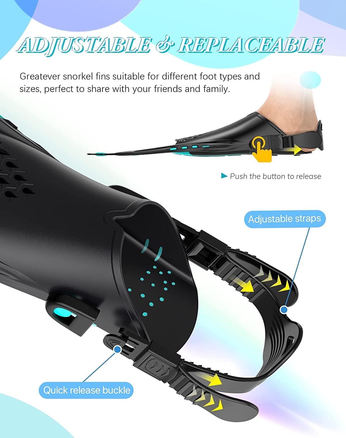 Detalle de Greatever Snorkel Fins Adjustable Buckles Open Heel - Travel Short Fins for Snorkeling and Diving