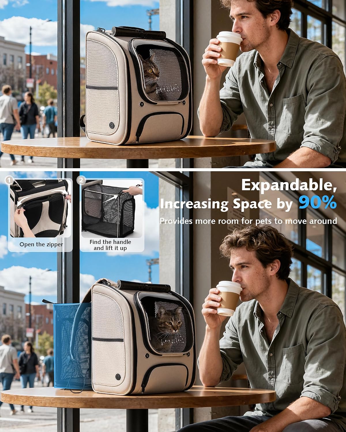 Detalle 2 de pecute Cat Backpack Expandable: Large Space, Breathable Carrier for Travel and Hiking